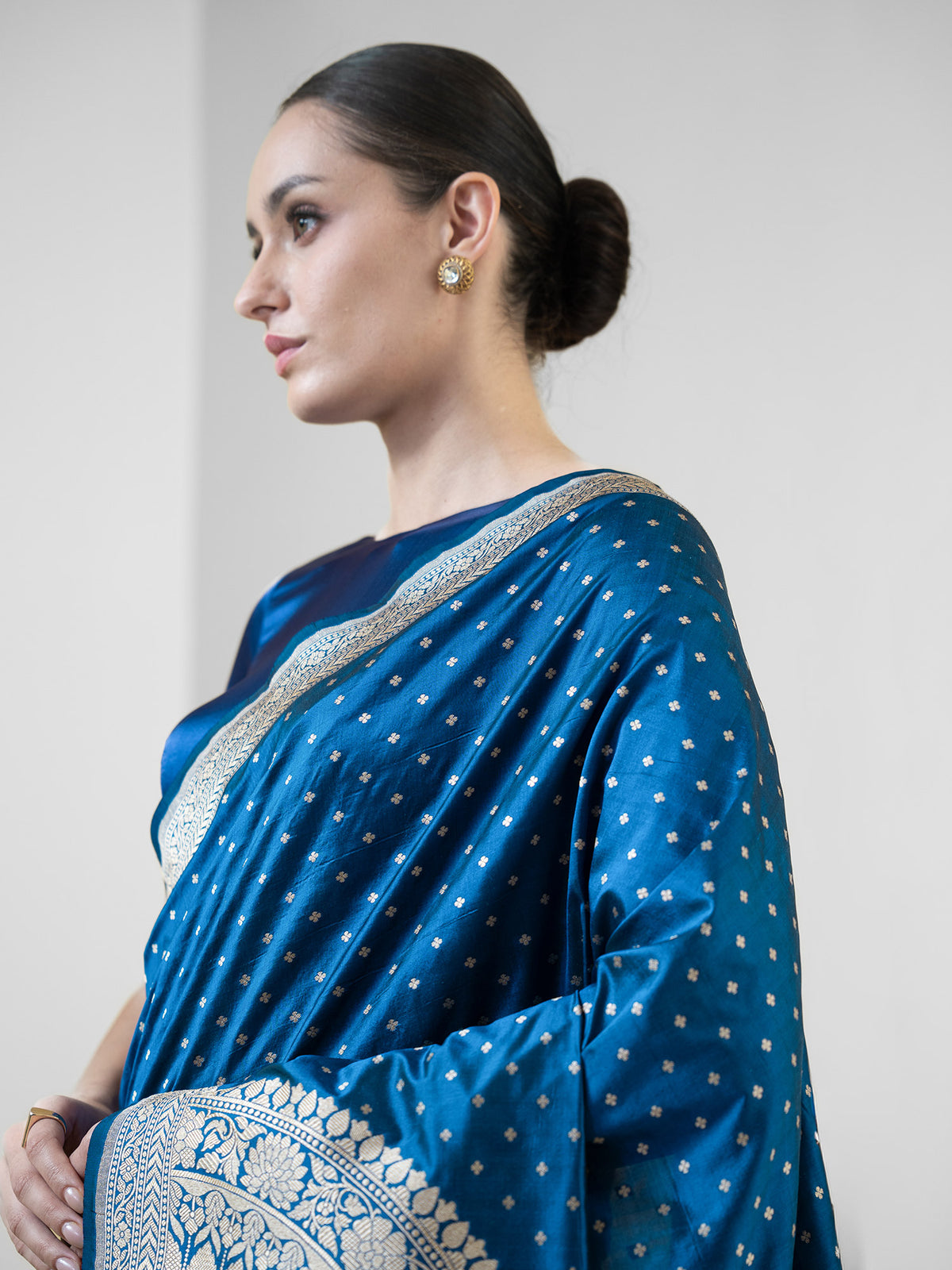 Blue Booti Katan Silk Handloom Banarasi Saree - Sacred Weaves