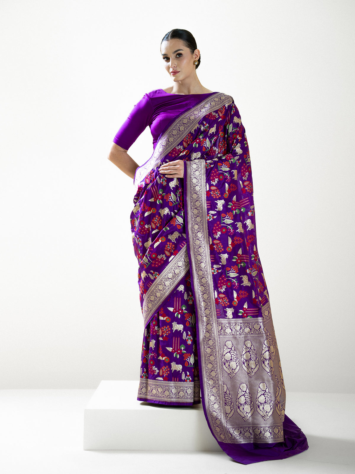 Purple Shikargah Meenakari Katan Silk Handloom Banarasi Saree - Sacred Weaves