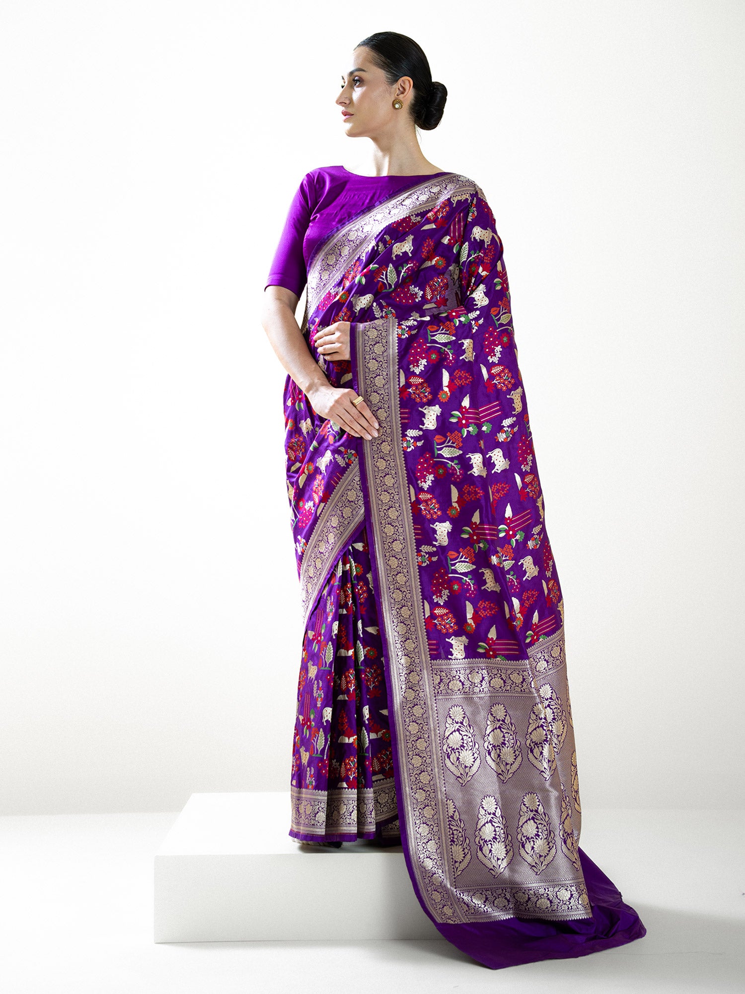 Purple Shikargah Meenakari Katan Silk Handloom Banarasi Saree - Sacred Weaves