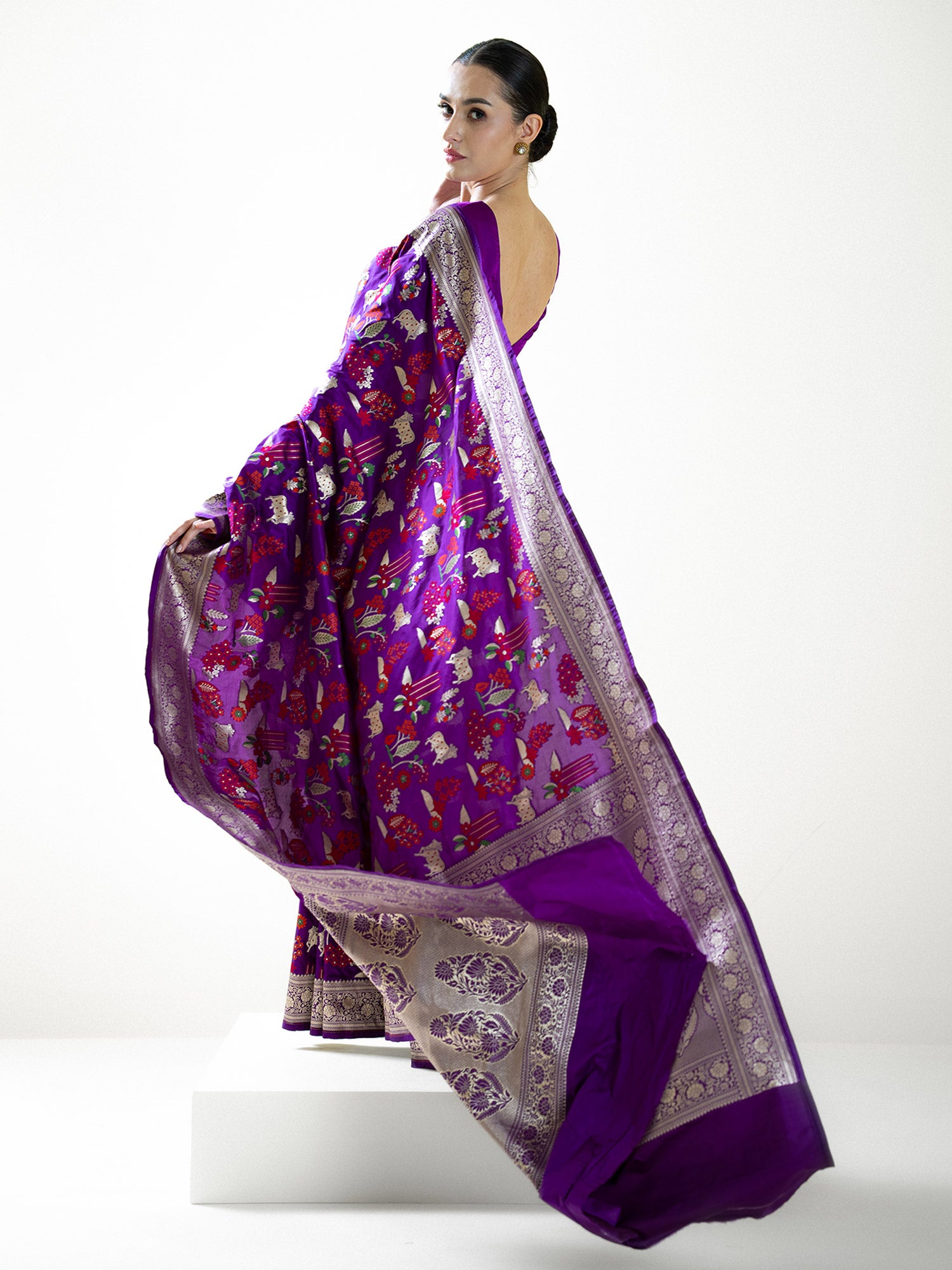 Purple Shikargah Meenakari Katan Silk Handloom Banarasi Saree - Sacred Weaves