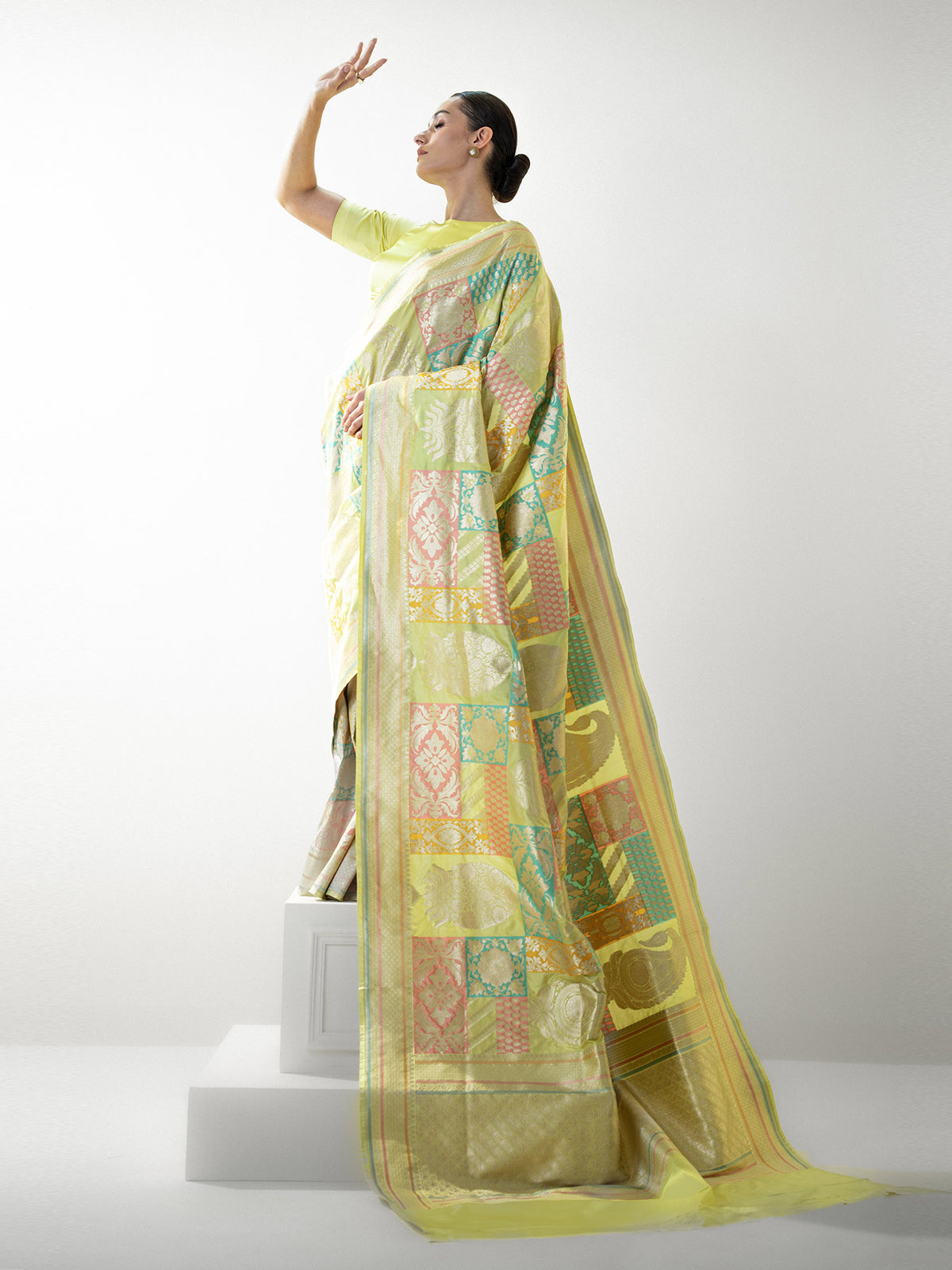 Lime Yellow Rangkat Katan Silk Handloom Banarasi Saree - Sacred Weaves