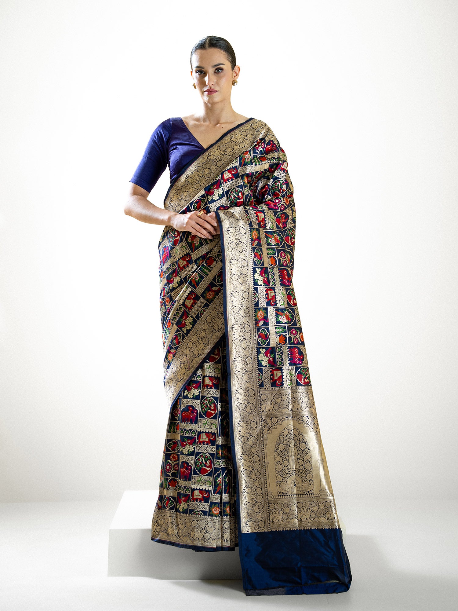 Navy Blue Meenakari Katan Silk Handloom Banarasi Saree - Sacred Weaves