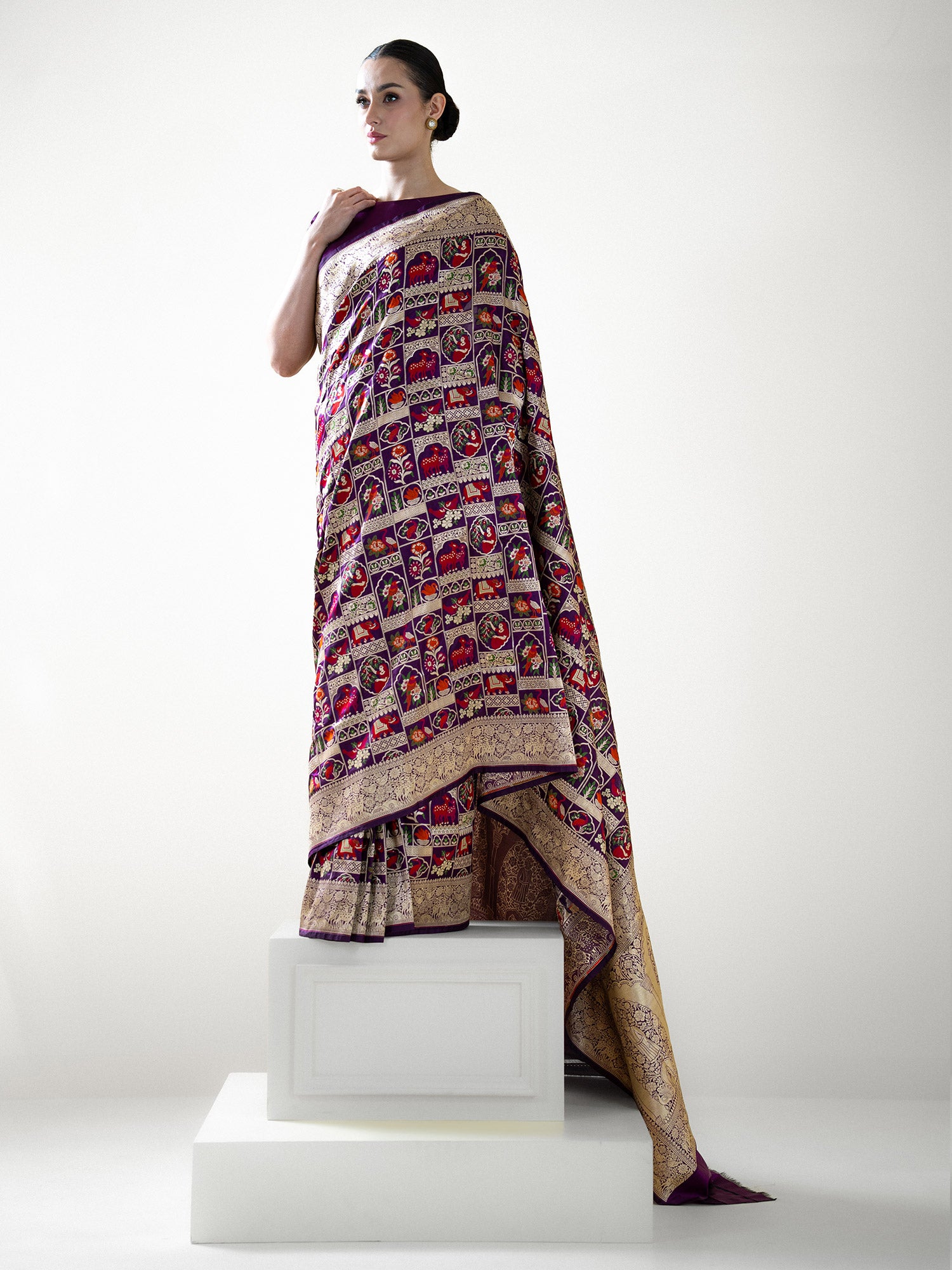 Dark Purple Meenakari Katan Silk Handloom Banarasi Saree - Sacred Weaves