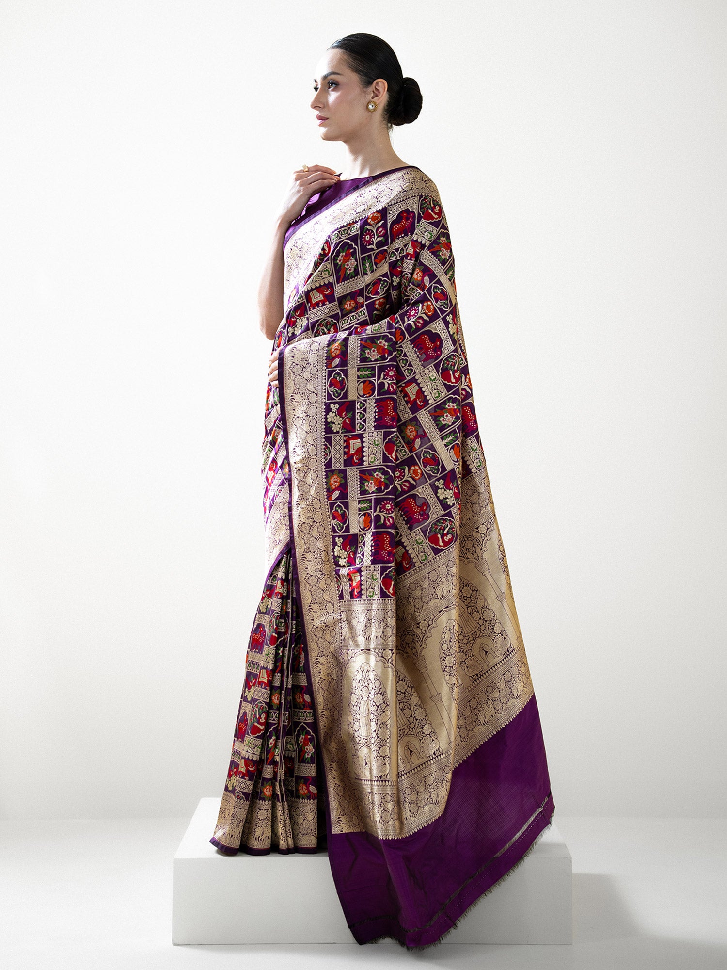 Dark Purple Meenakari Katan Silk Handloom Banarasi Saree - Sacred Weaves
