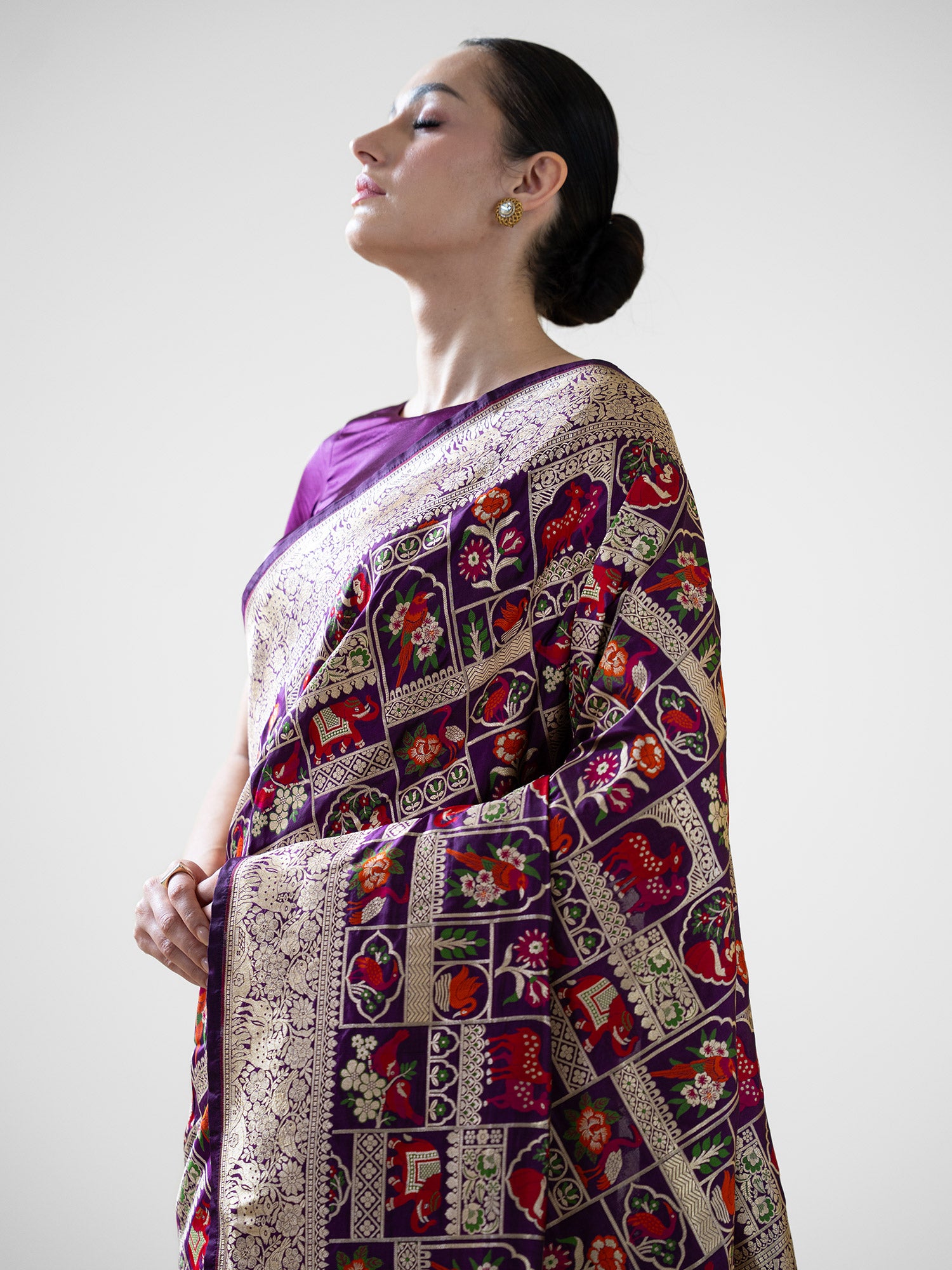 Dark Purple Meenakari Katan Silk Handloom Banarasi Saree - Sacred Weaves