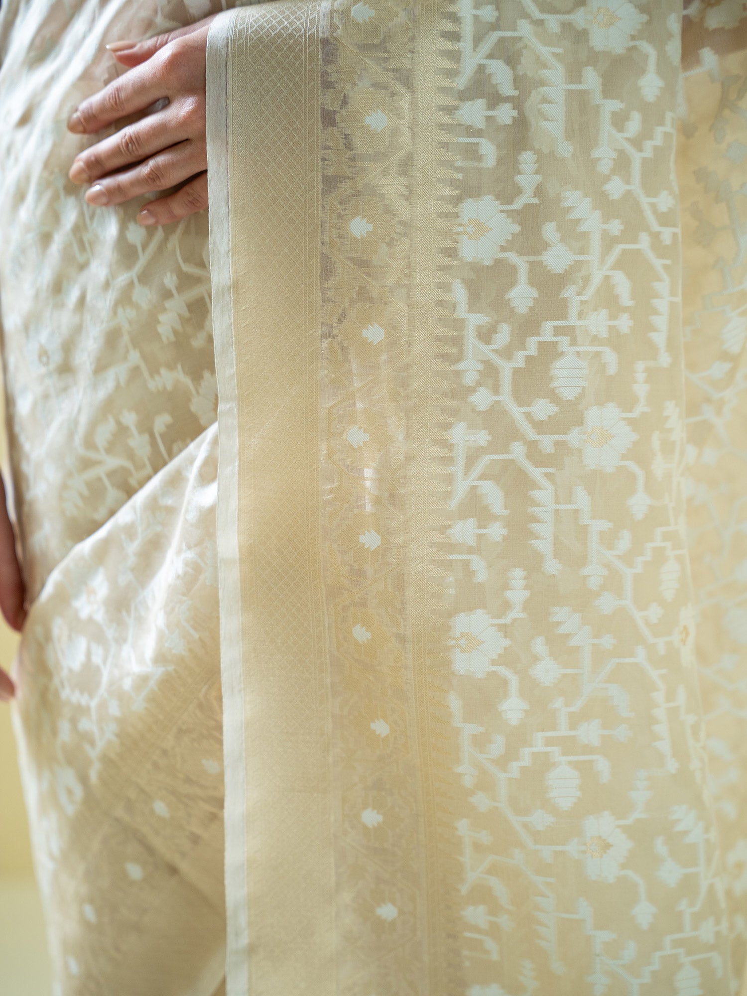 Cream Jaal Organza Handloom Banarasi Saree - Sacred Weaves