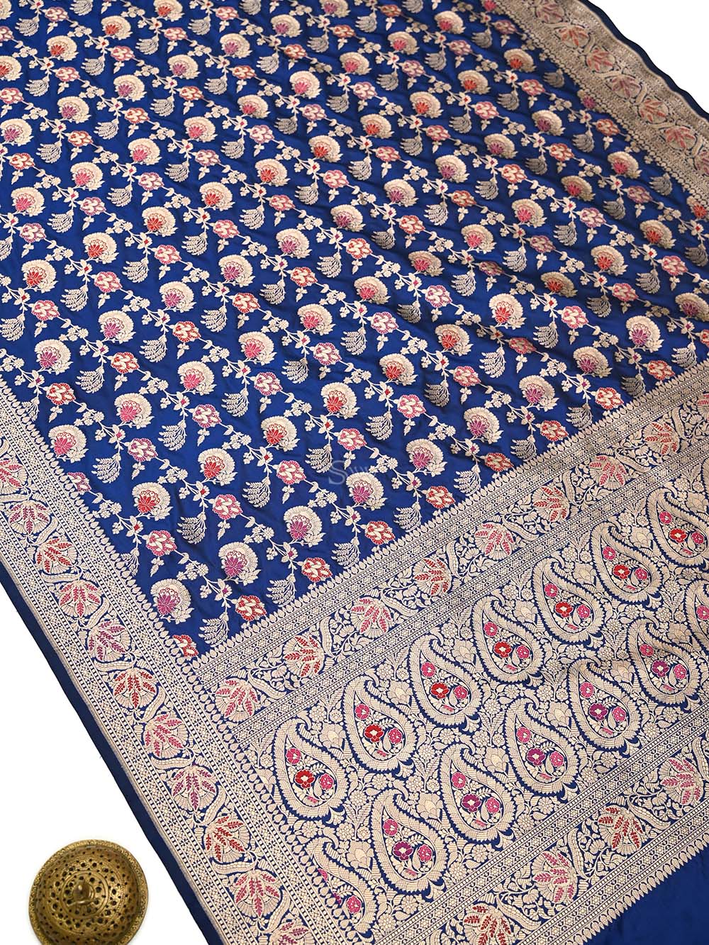 Blue Meenakari Jaal Uppada Katan Silk Handloom Banarasi Saree - Sacred Weaves