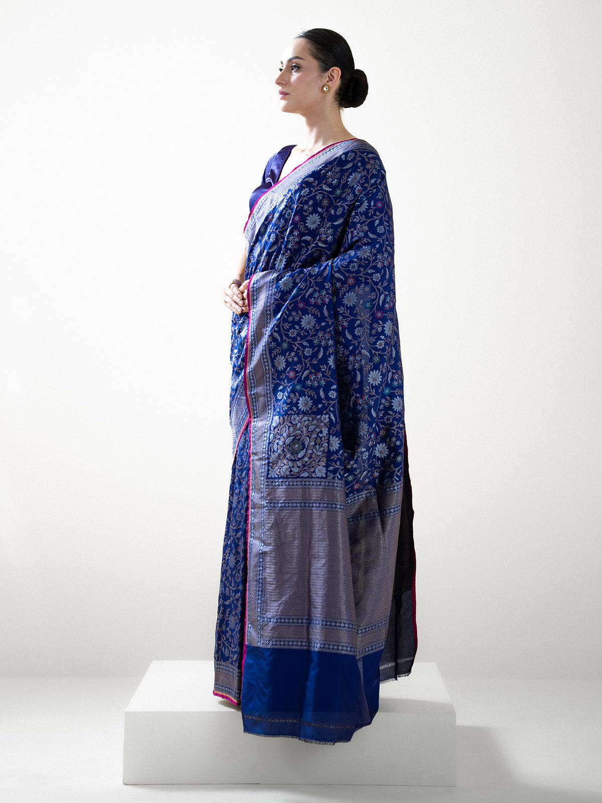 Navy Blue Jaal Katan Silk Handloom Banarasi Saree - Sacred Weaves