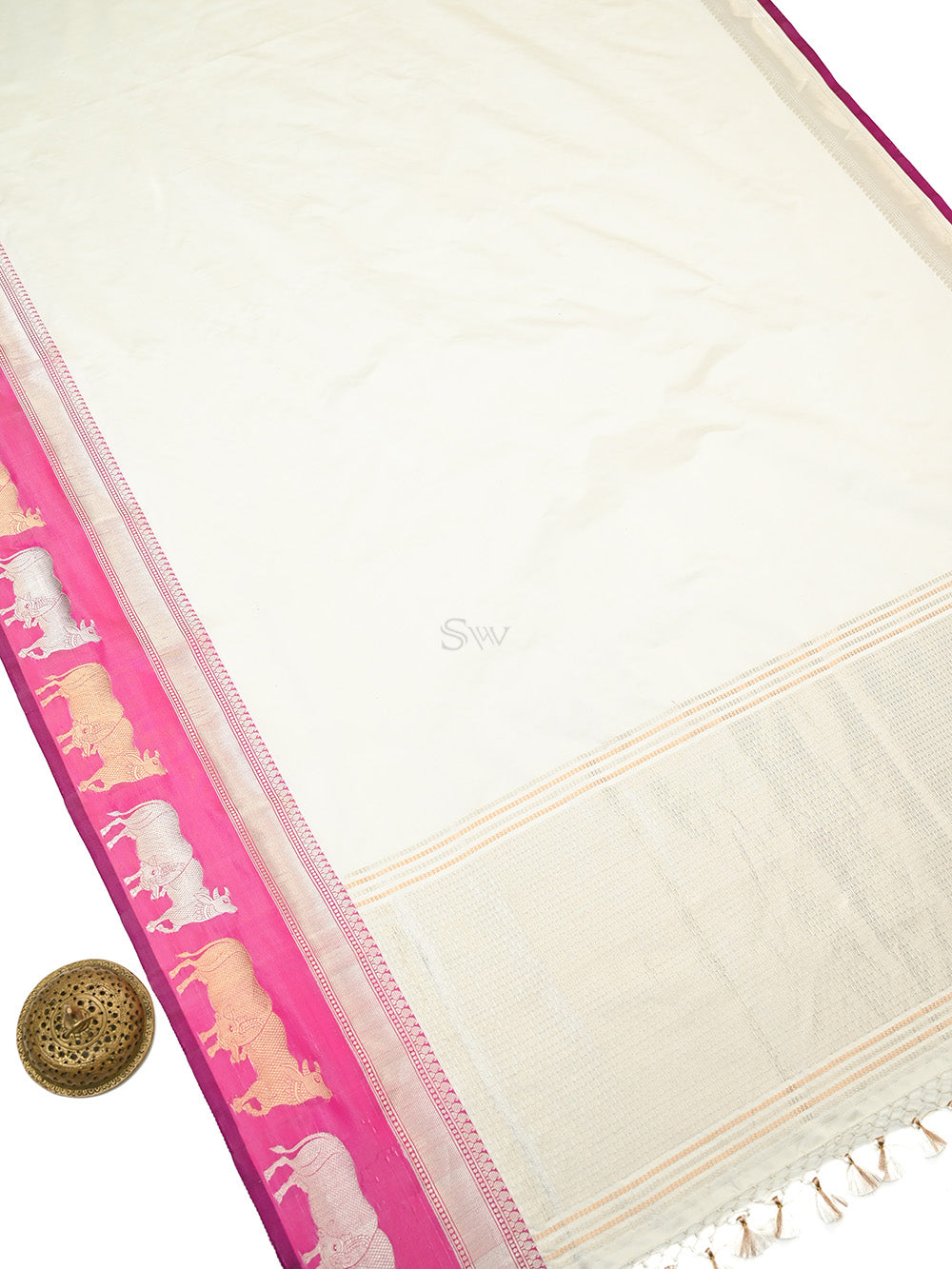 Off White Plain Satin Silk Handloom Banarasi Saree - Sacred Weaves