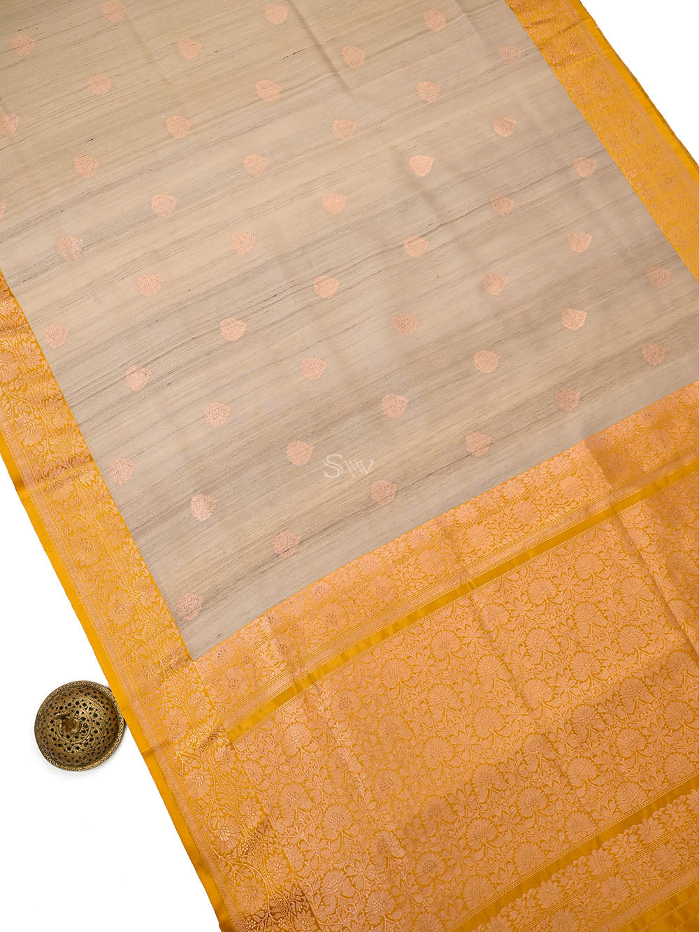 Beige Mustard Booti Tussar Silk Handloom Banarasi Saree - Sacred Weaves