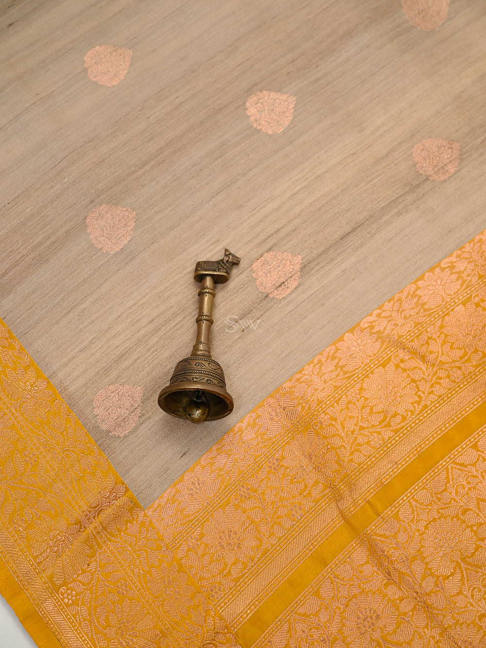 Beige Mustard Booti Tussar Silk Handloom Banarasi Saree - Sacred Weaves