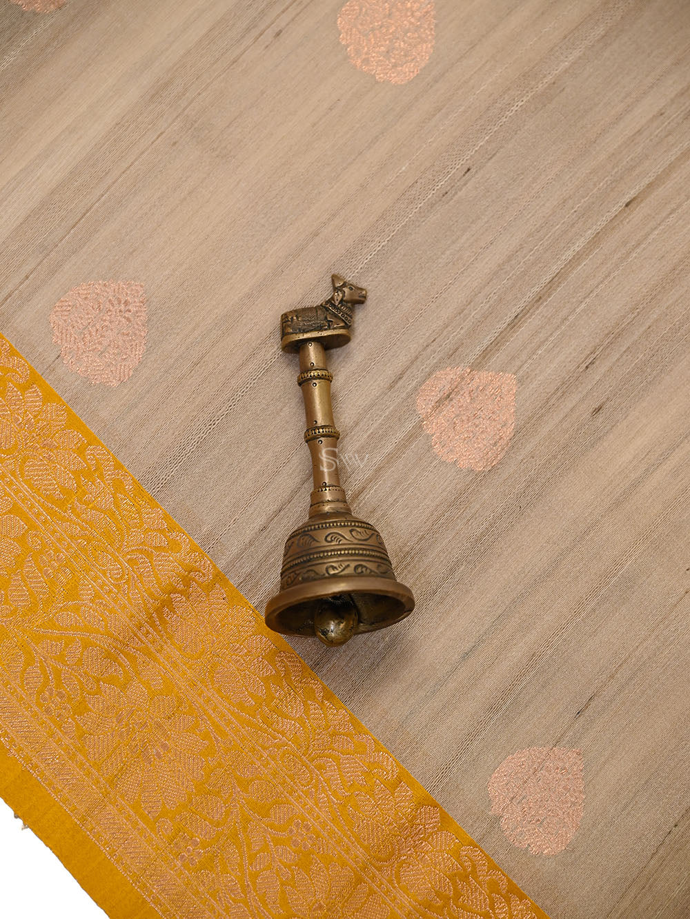 Beige Mustard Booti Tussar Silk Handloom Banarasi Saree - Sacred Weaves