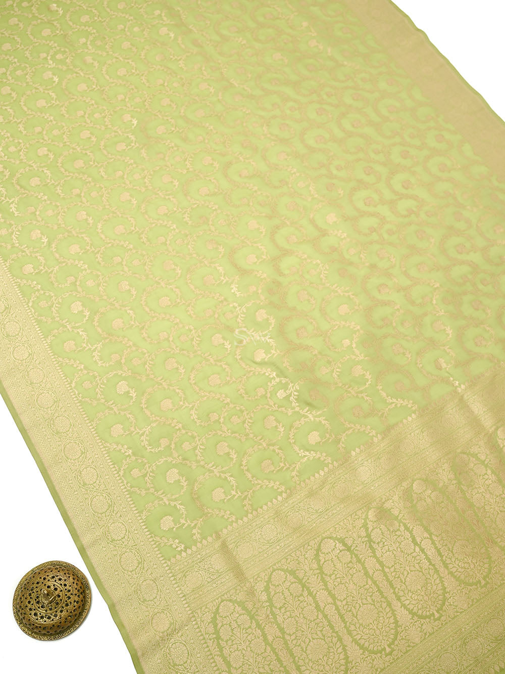 Pista Green Jaal Katan Silk Uppada Handloom Banarasi Saree - Sacred Weaves