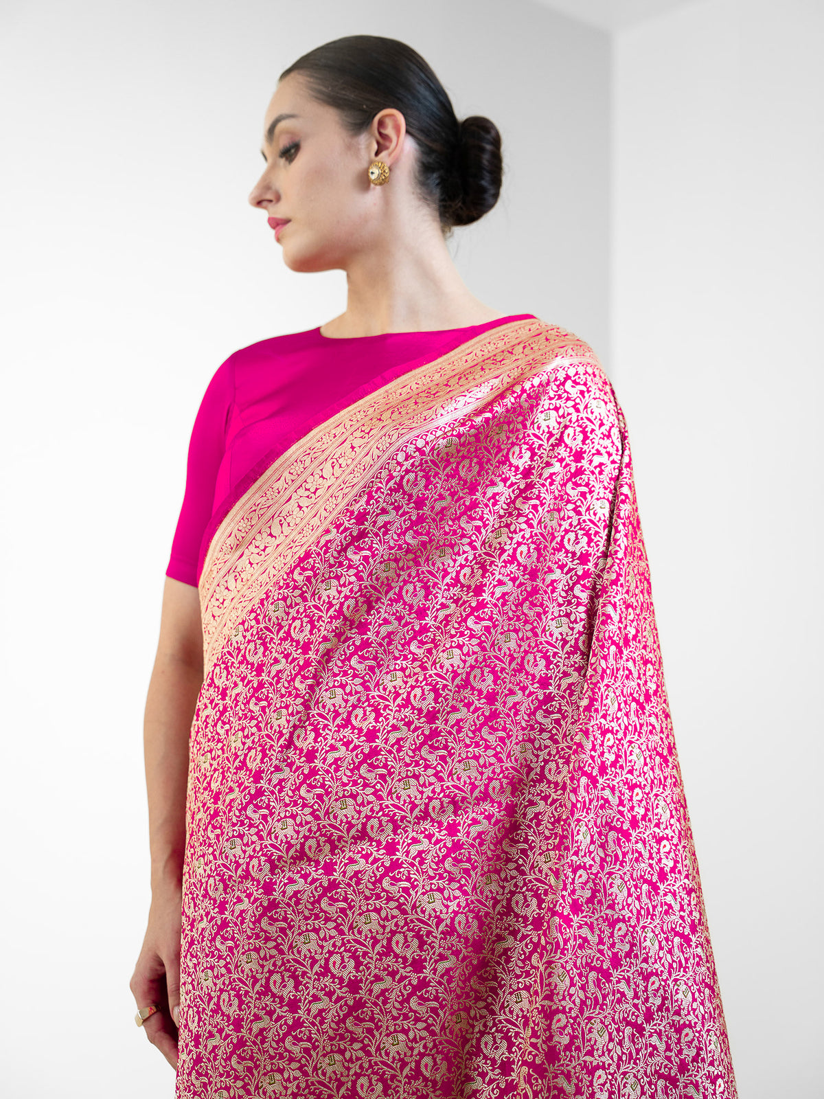 Dark Pink Shikargah Katan Silk Handloom Banarasi Saree - Sacred Weaves
