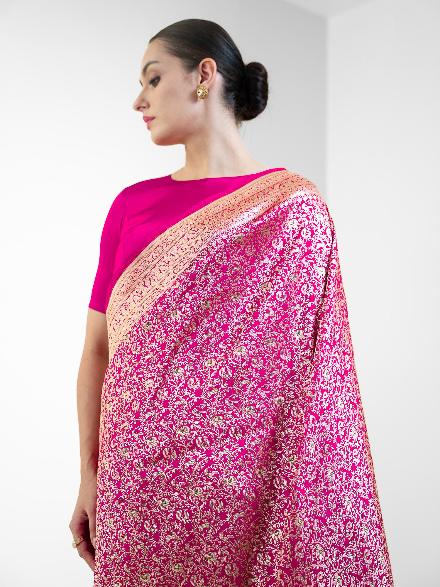 Dark Pink Shikargah Katan Silk Handloom Banarasi Saree - Sacred Weaves