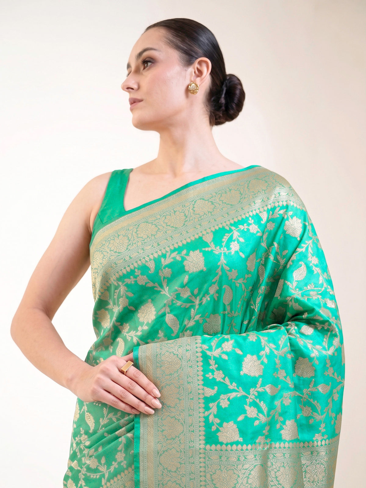 Aqua Green Jaal Katan Silk Uppada Handloom Banarasi Saree - Sacred Weaves