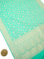 Aqua Green Jaal Katan Silk Uppada Handloom Banarasi Saree - Sacred Weaves