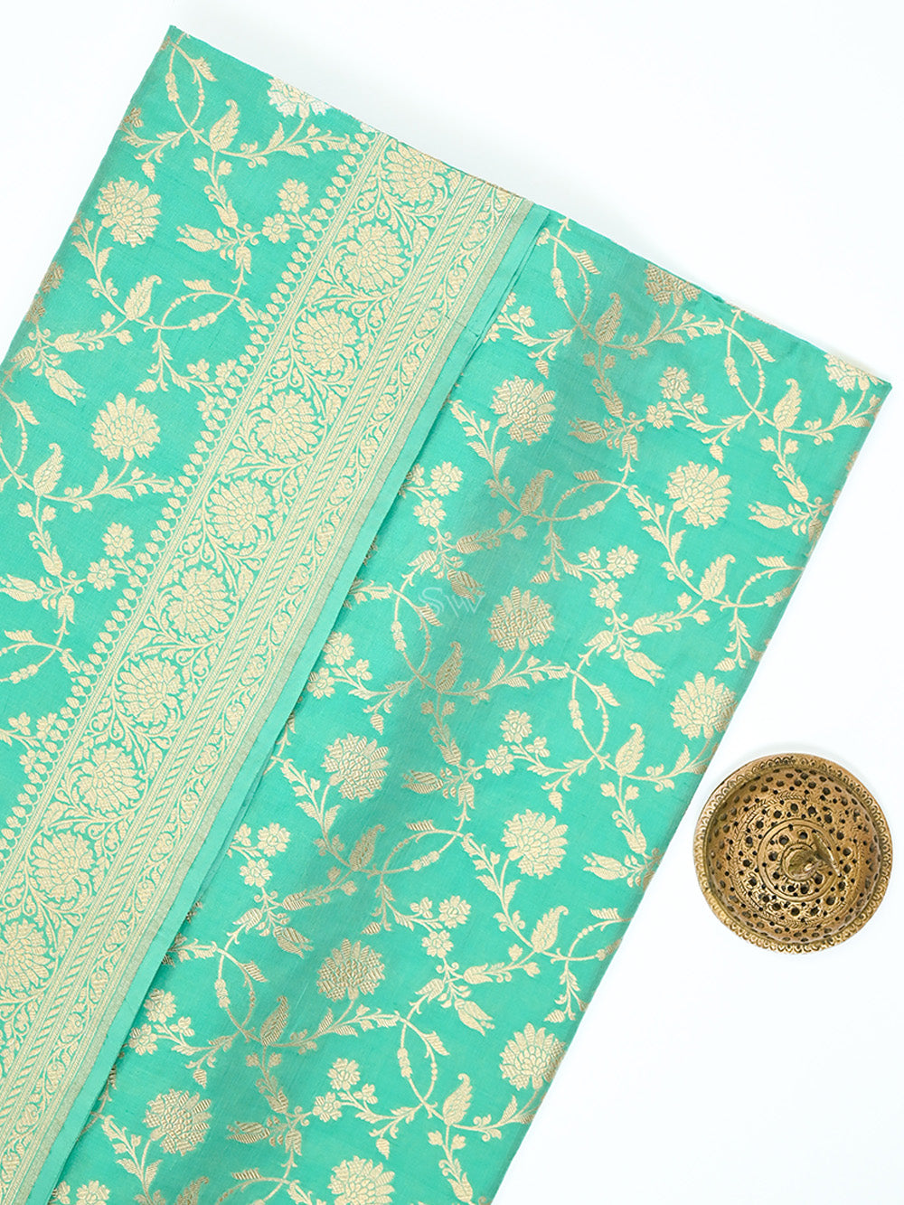 Aqua Green Jaal Katan Silk Uppada Handloom Banarasi Saree - Sacred Weaves