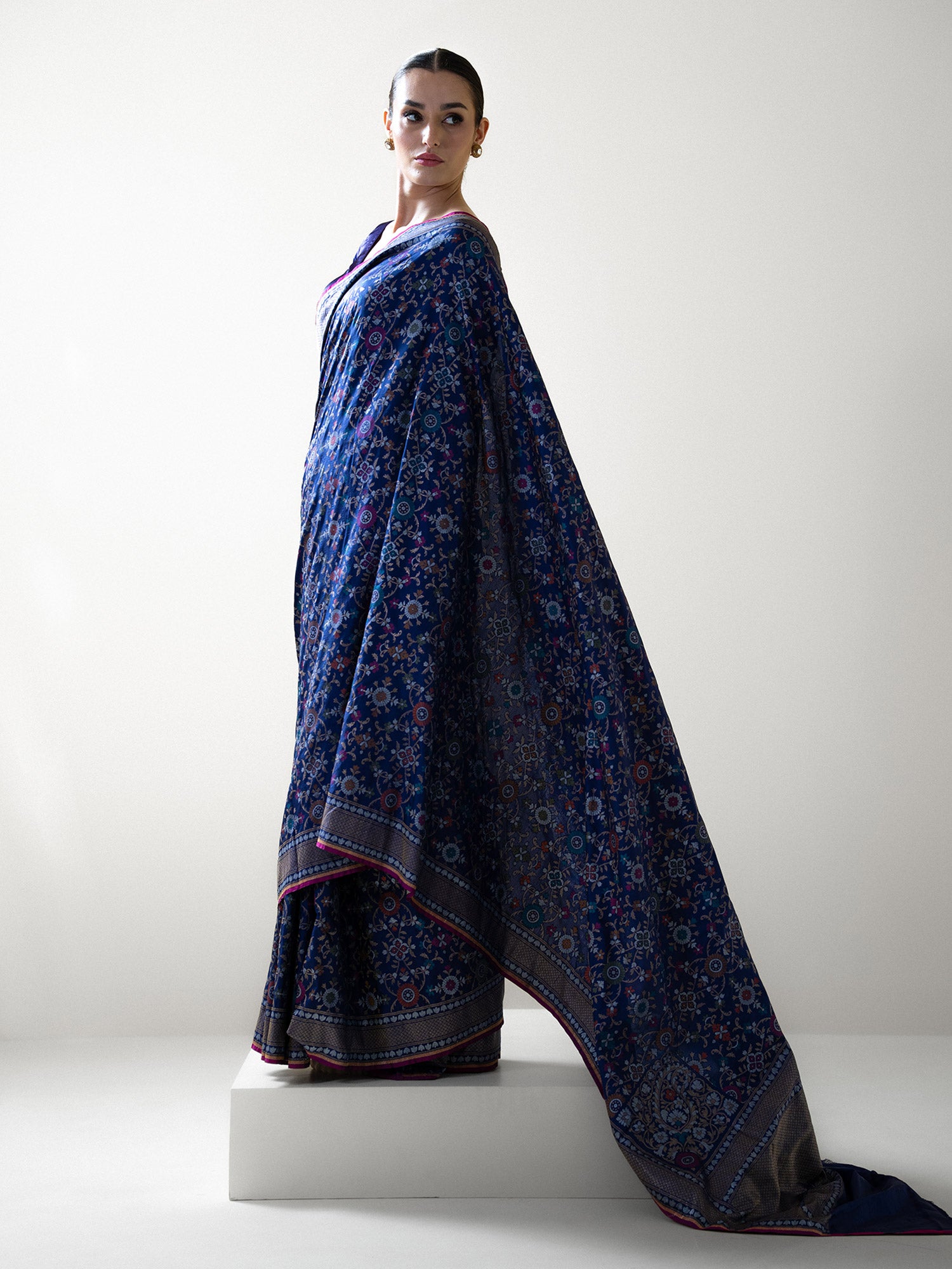 Navy Blue Jaal Katan Silk Handloom Banarasi Saree - Sacred Weaves