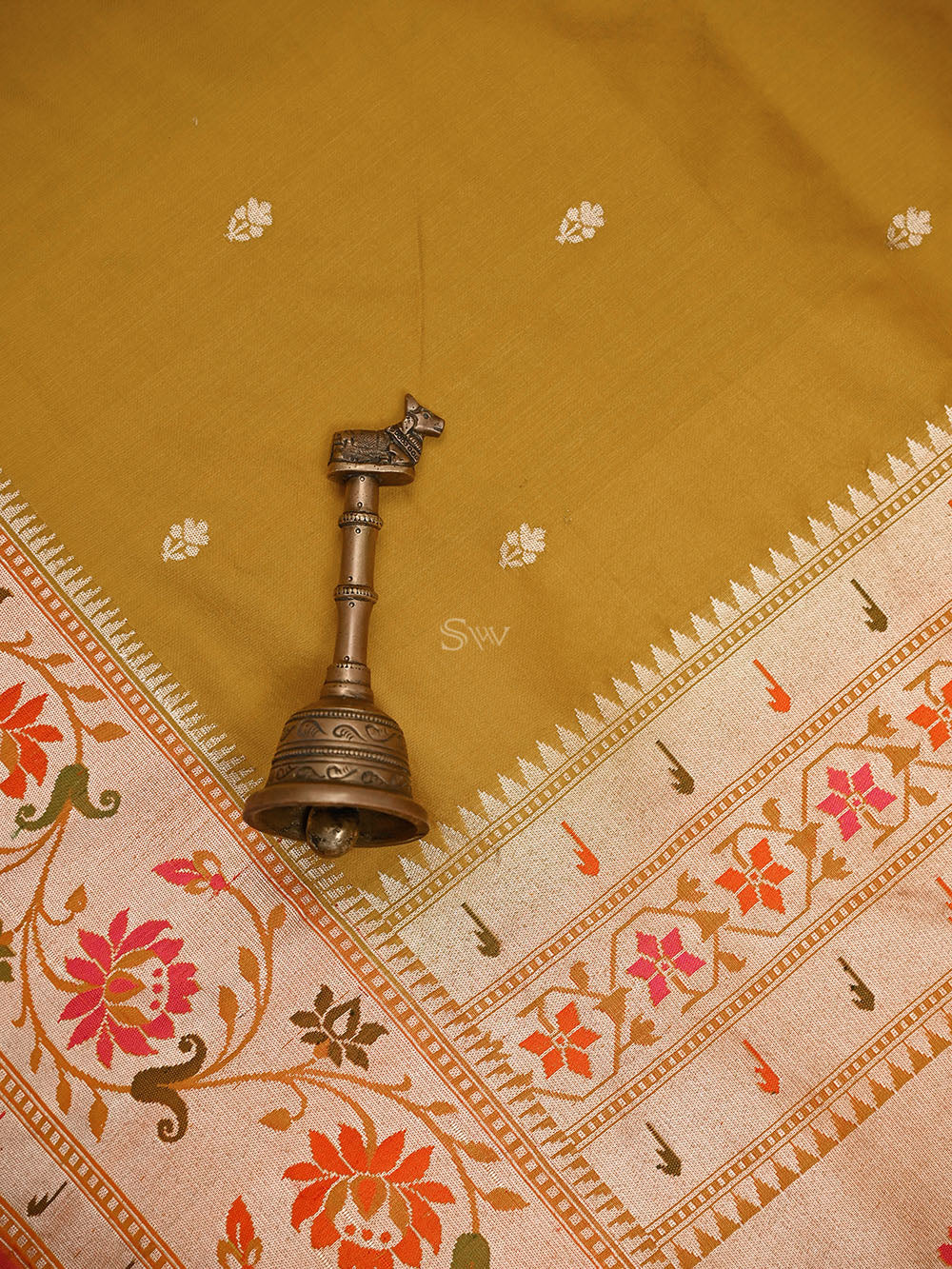 Mustard Booti Paithani Katan Silk Handloom Banarasi Saree - Sacred Weaves