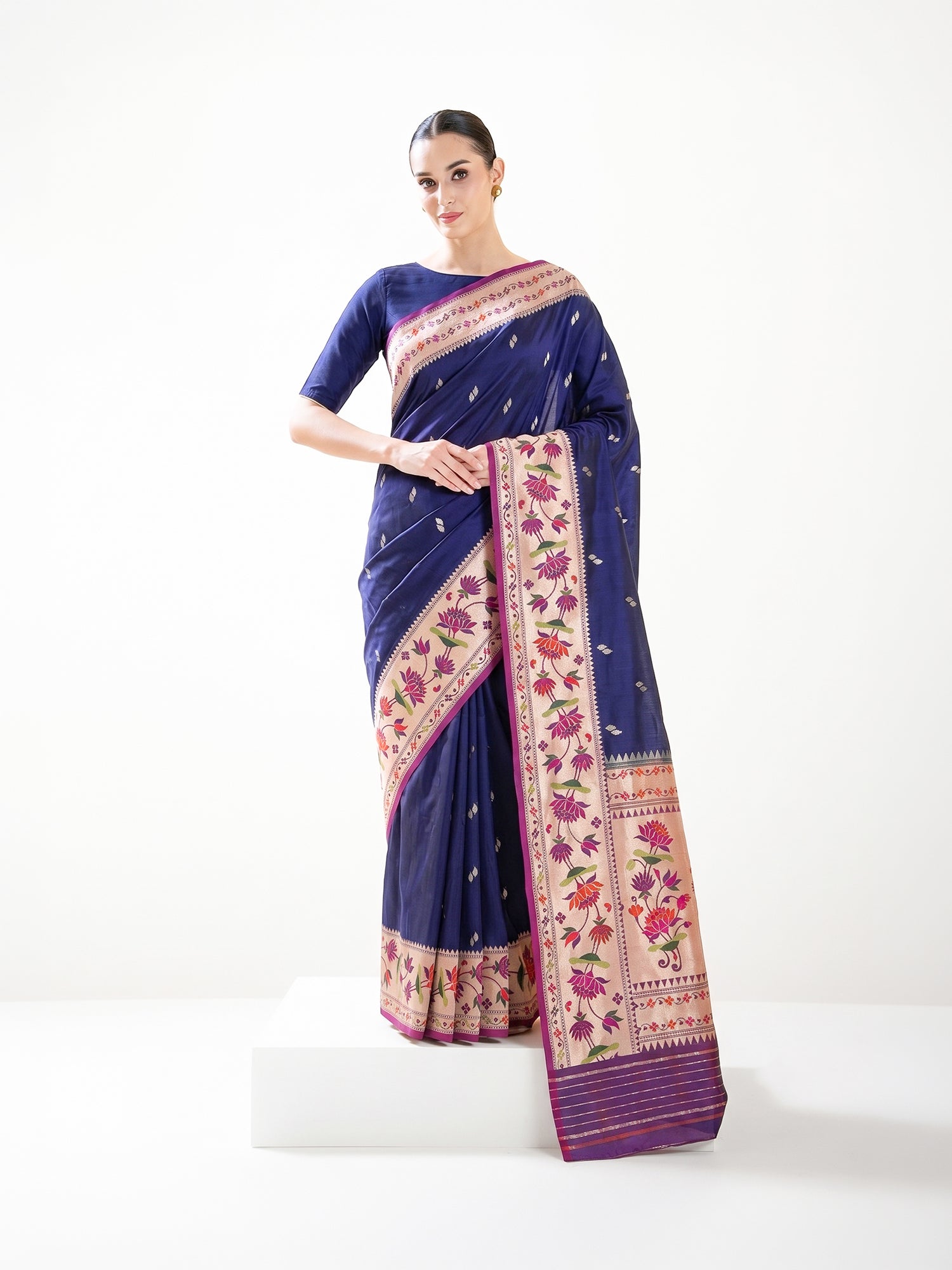 Blue Booti Paithani Katan Silk Handloom Banarasi Saree - Sacred Weaves