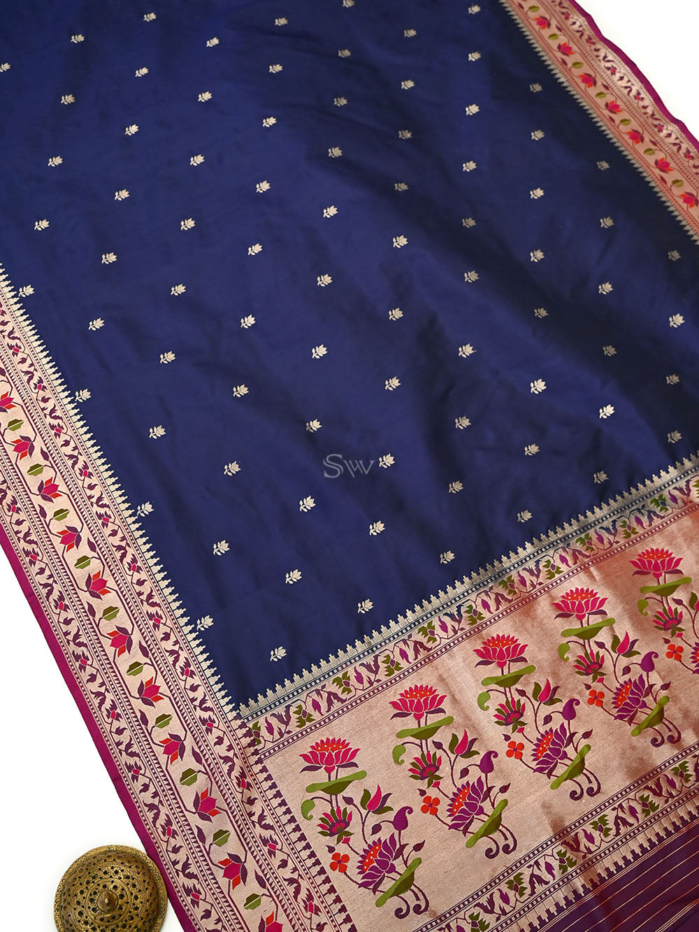 Blue Booti Paithani Katan Silk Handloom Banarasi Saree - Sacred Weaves
