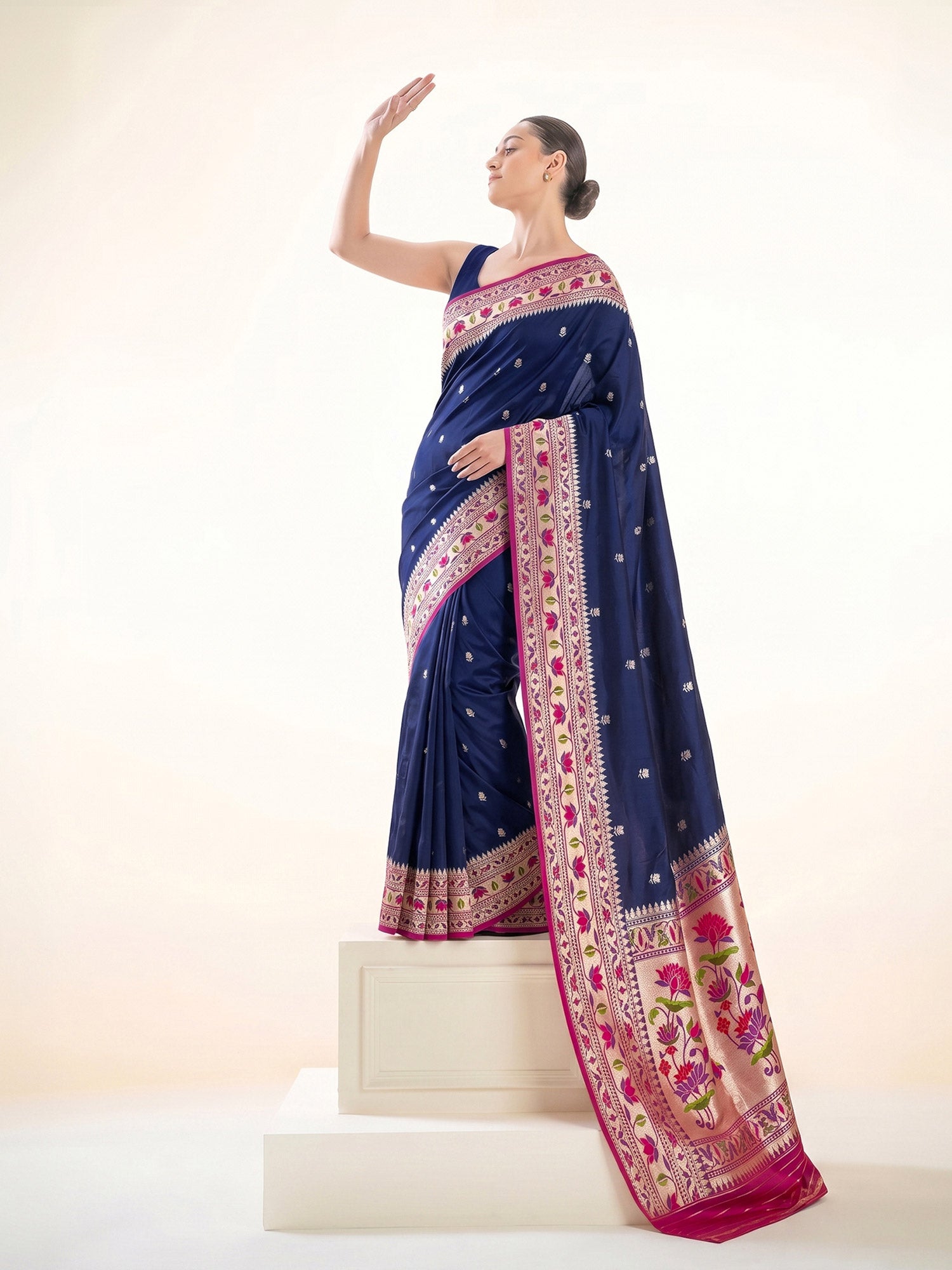 Blue Booti Paithani Katan Silk Handloom Banarasi Saree - Sacred Weaves