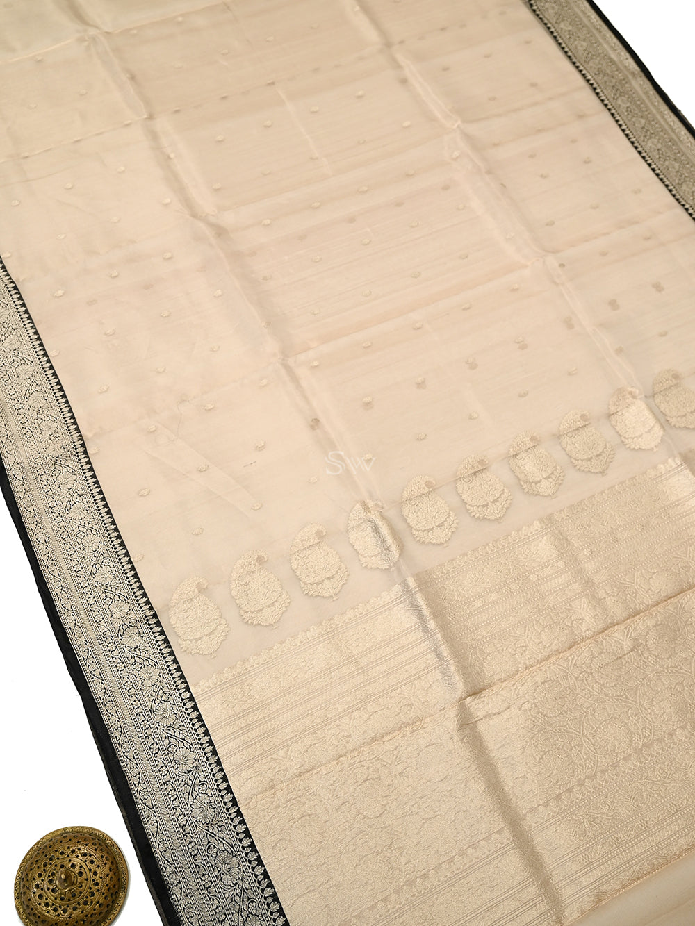Beige Booti Organza Tissue Silk Handloom Banarasi Saree - Sacred Weaves