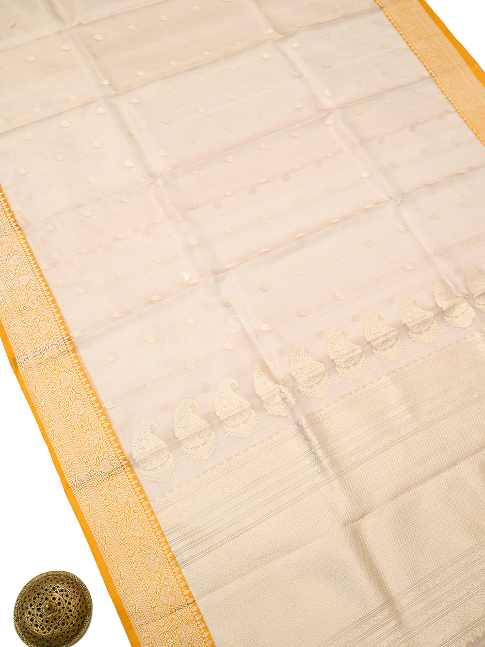 Beige Booti Organza Tissue Silk Handloom Banarasi Saree - Sacred Weaves