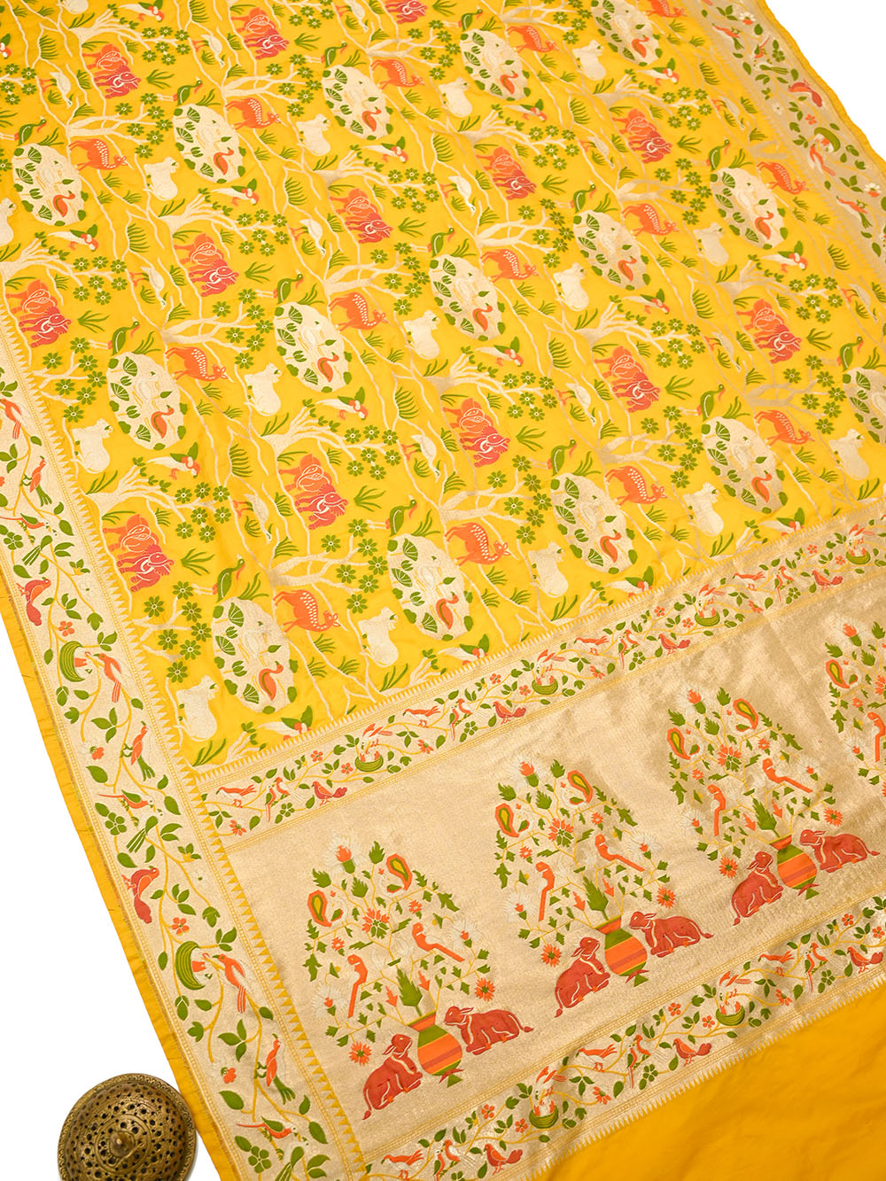 Yellow Shikargah Meenakari Katan Silk Handloom Banarasi Saree - Sacred Weaves
