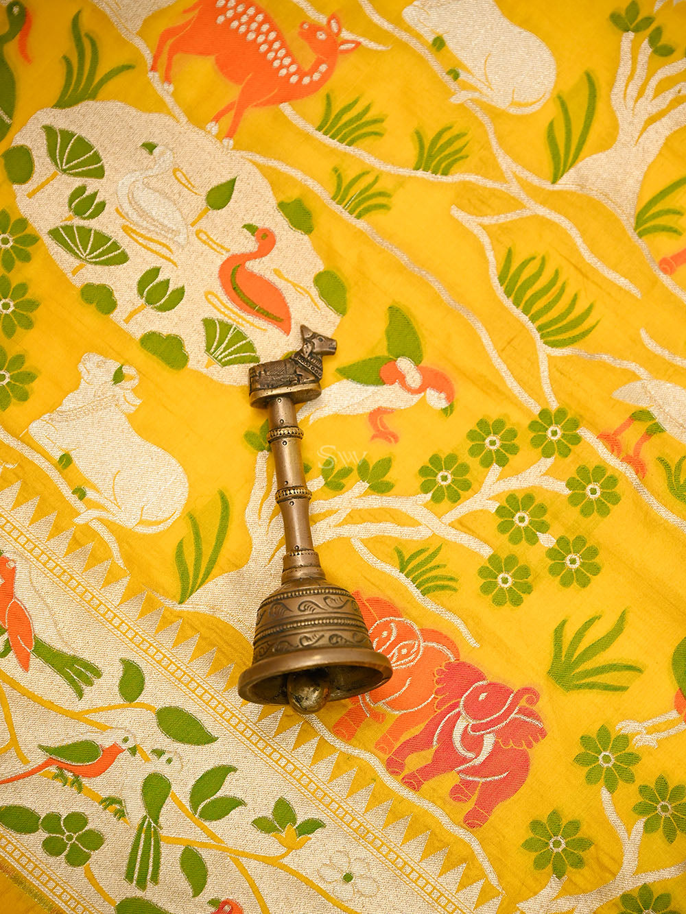 Yellow Shikargah Meenakari Katan Silk Handloom Banarasi Saree - Sacred Weaves