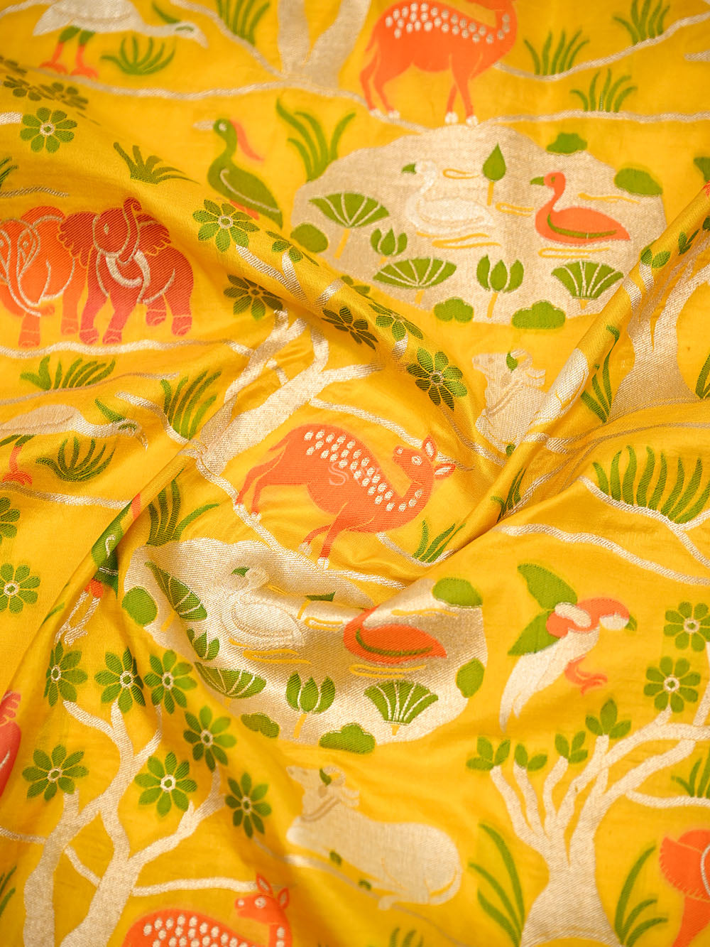 Yellow Shikargah Meenakari Katan Silk Handloom Banarasi Saree - Sacred Weaves