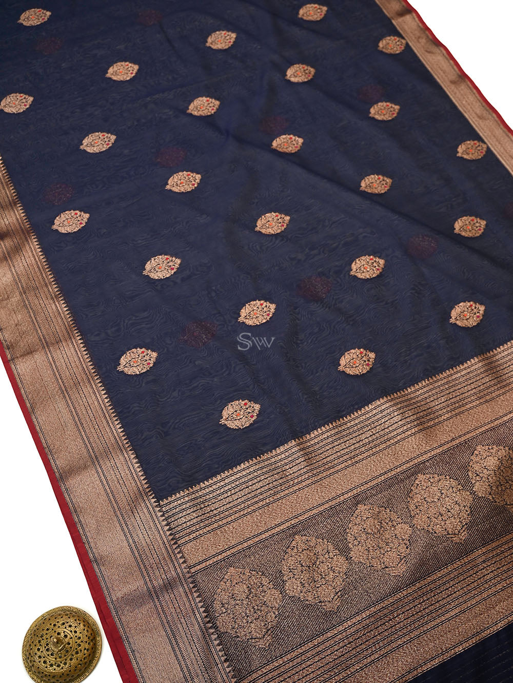 Blue Booti Chanderi Silk Handloom Banarasi Saree - Sacred Weaves