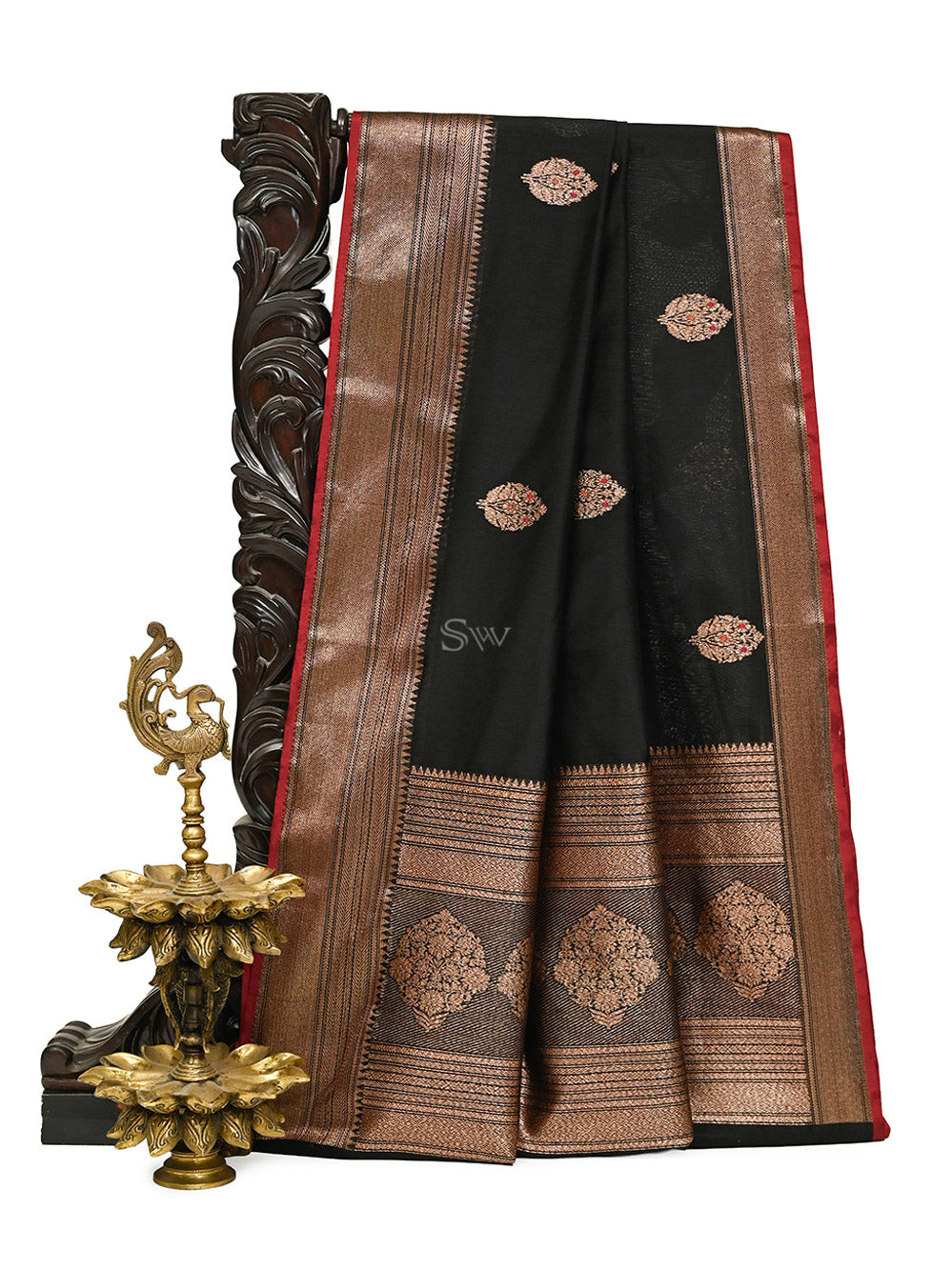 Black Booti Chanderi Silk Handloom Banarasi Saree - Sacred Weaves