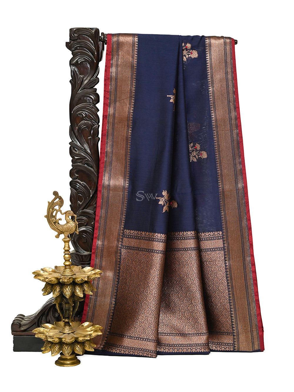 Blue Booti Chanderi Silk Handloom Banarasi Saree - Sacred Weaves