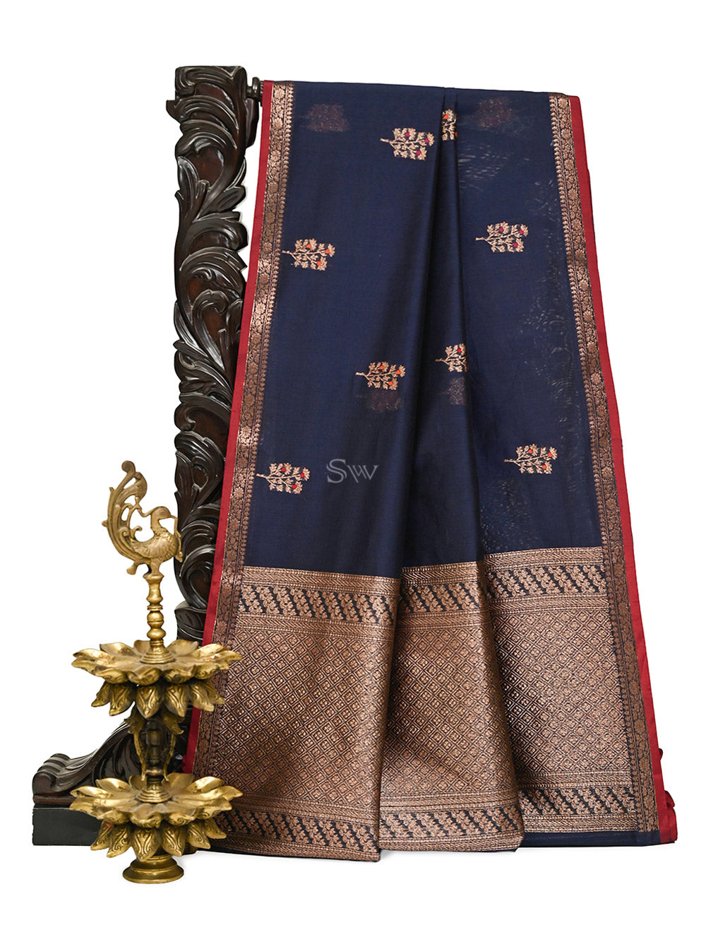 Blue Booti Chanderi Silk Handloom Banarasi Saree - Sacred Weaves