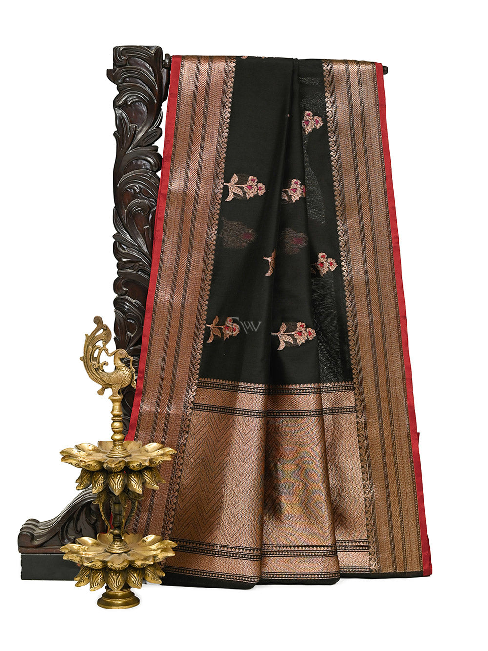 Black Booti Chanderi Silk Handloom Banarasi Saree - Sacred Weaves