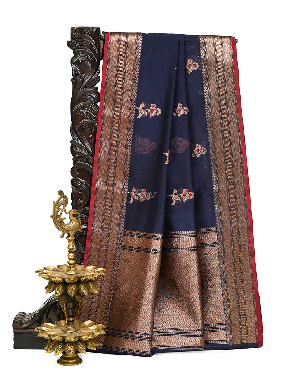 Blue Booti Chanderi Silk Handloom Banarasi Saree - Sacred Weaves