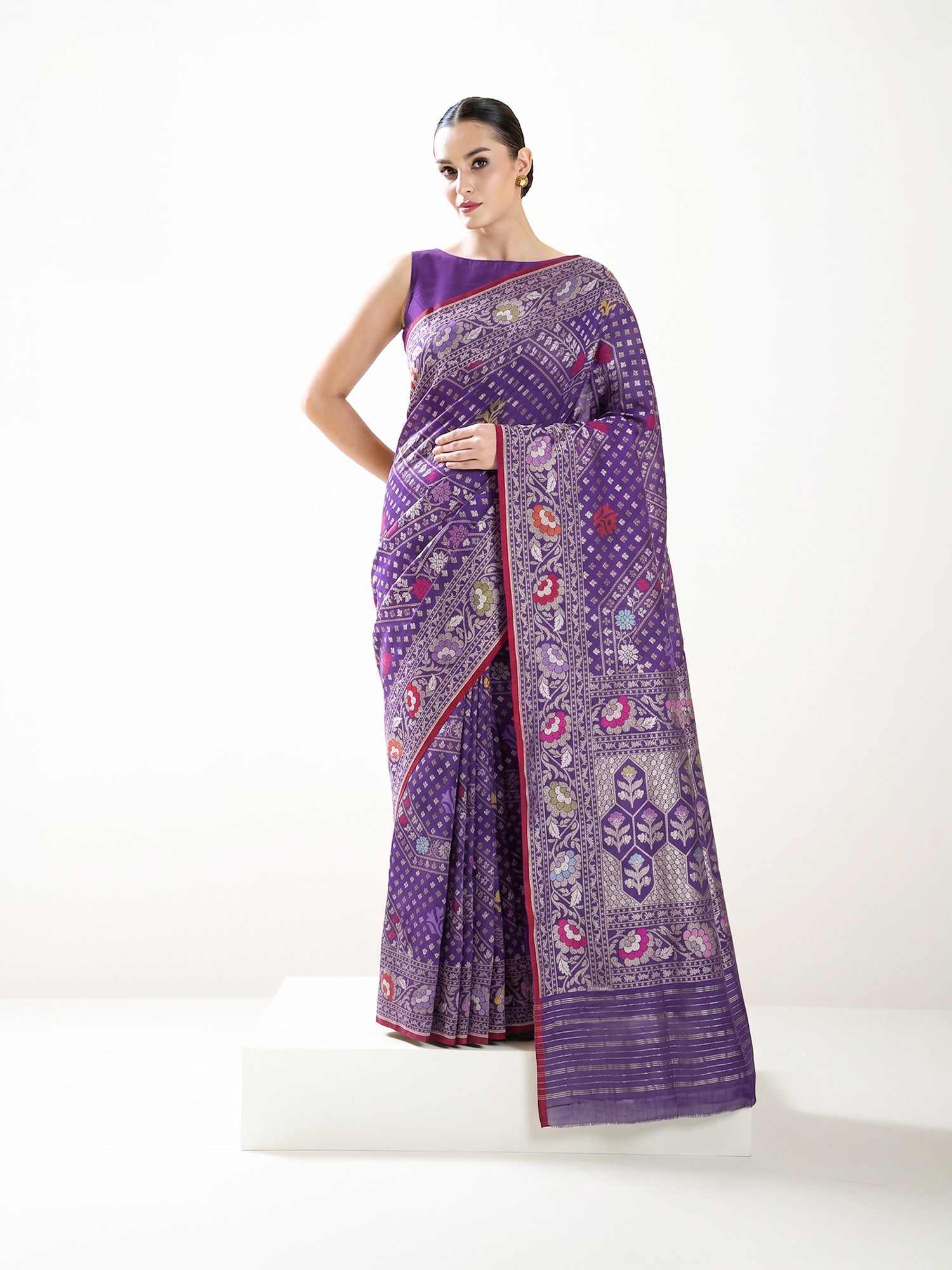 Purple Jaal Cotton Silk Handloom Banarasi Saree - Sacred Weaves