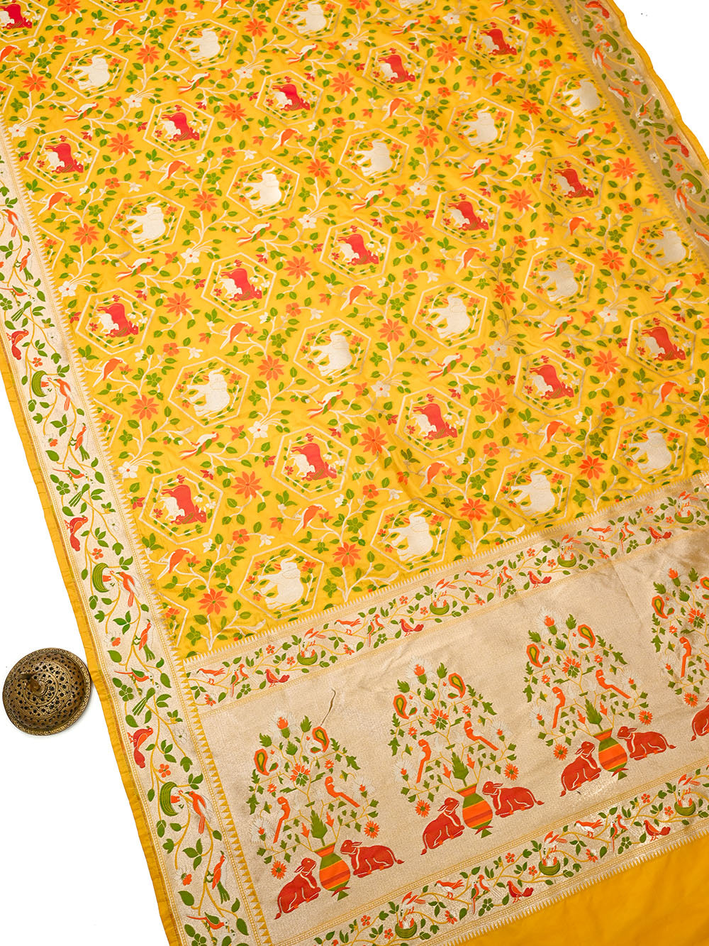 Yellow Shikargah Meenakari Katan Silk Handloom Banarasi Saree - Sacred Weaves