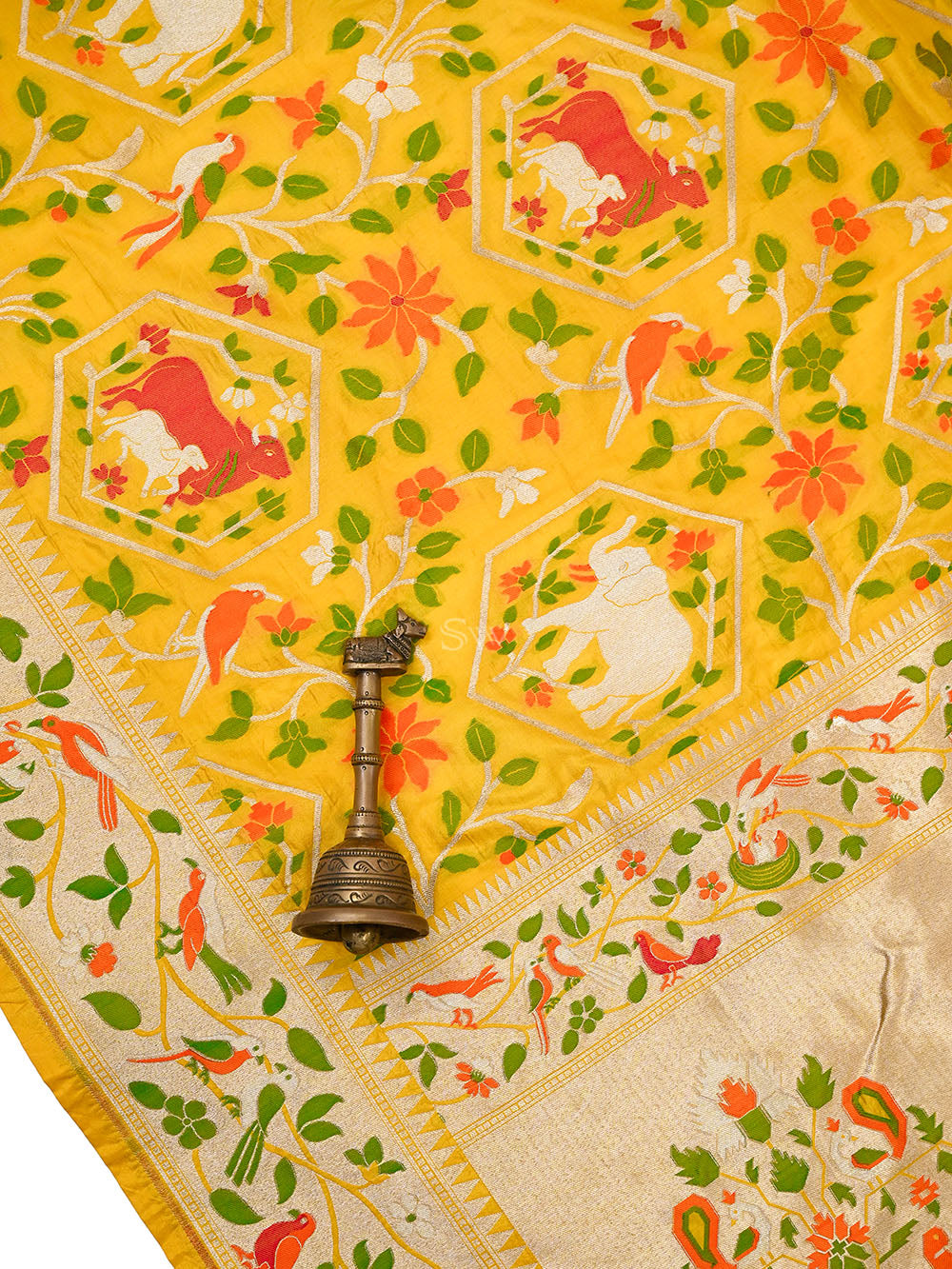 Yellow Shikargah Meenakari Katan Silk Handloom Banarasi Saree - Sacred Weaves