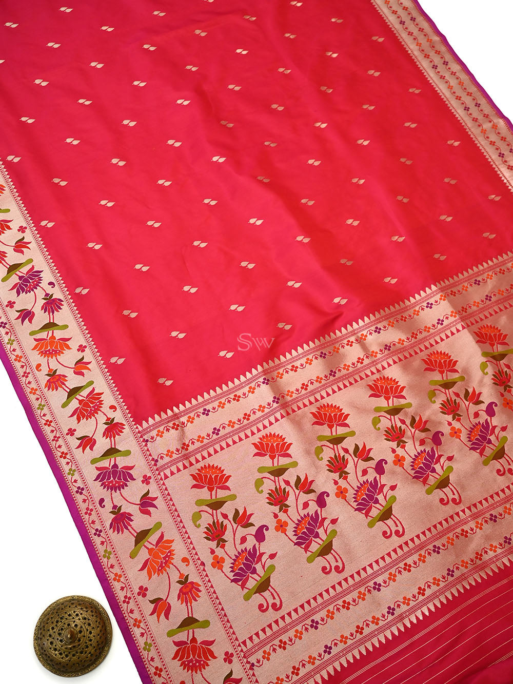 Pink Red Booti Paithani Katan Silk Handloom Banarasi Saree - Sacred Weaves