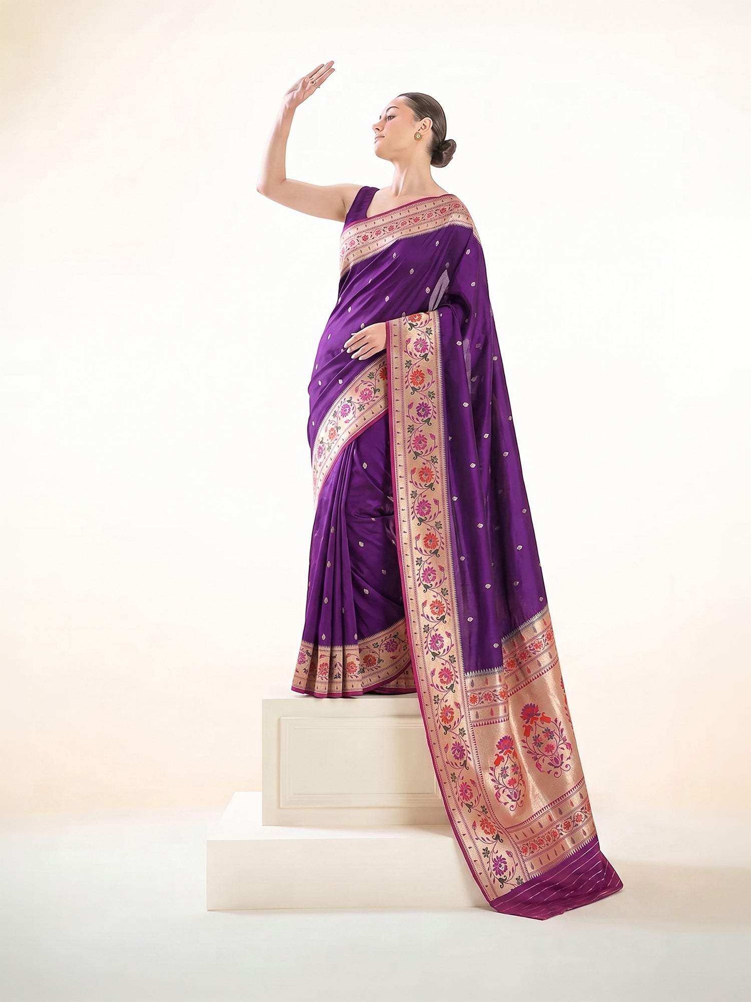 Purple Booti Paithani Katan Silk Handloom Banarasi Saree - Sacred Weaves