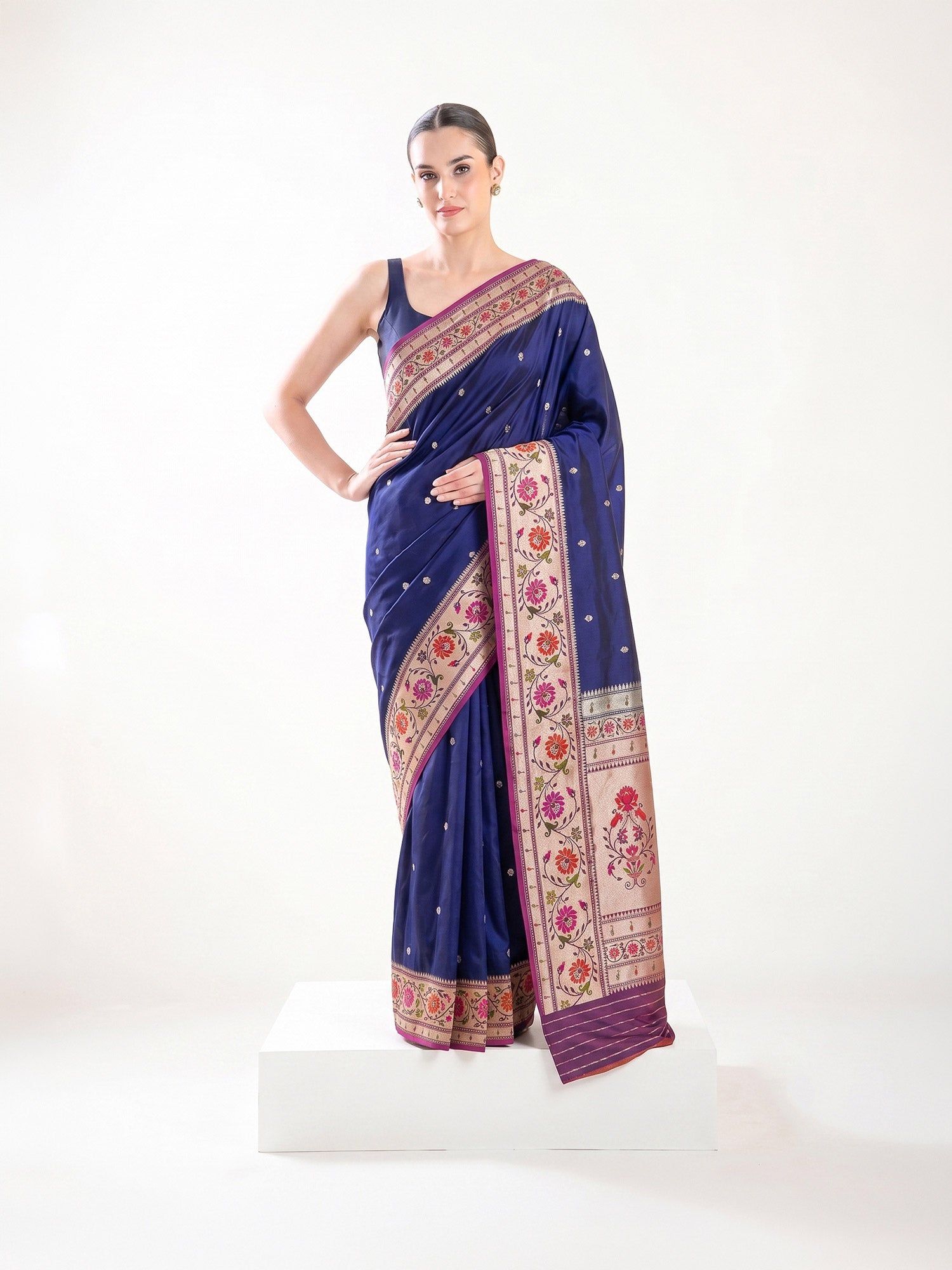Blue Booti Paithani Katan Silk Handloom Banarasi Saree - Sacred Weaves