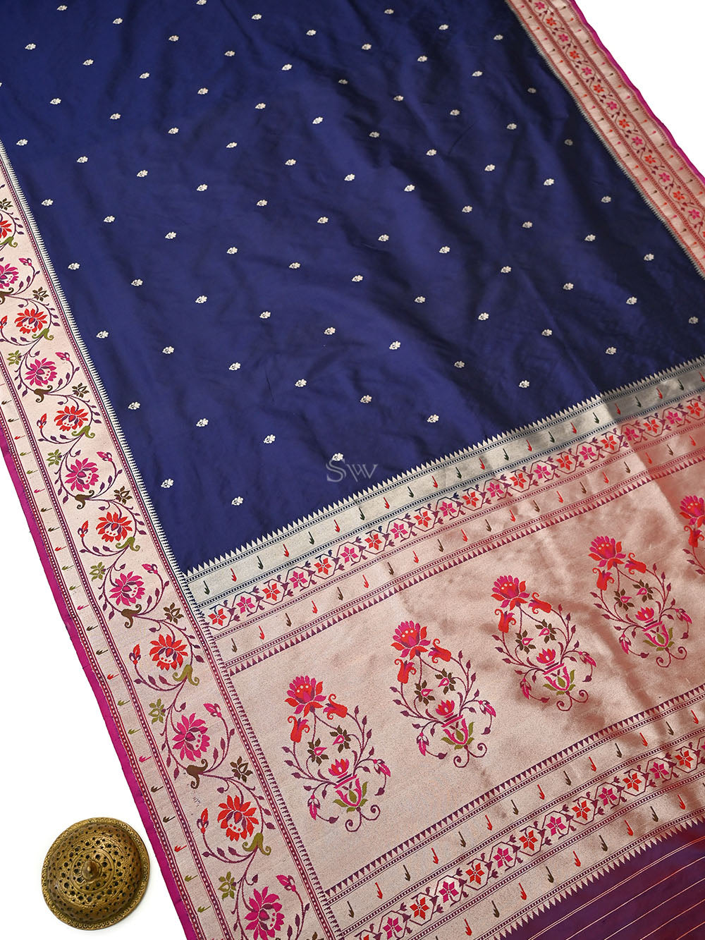 Blue Booti Paithani Katan Silk Handloom Banarasi Saree - Sacred Weaves