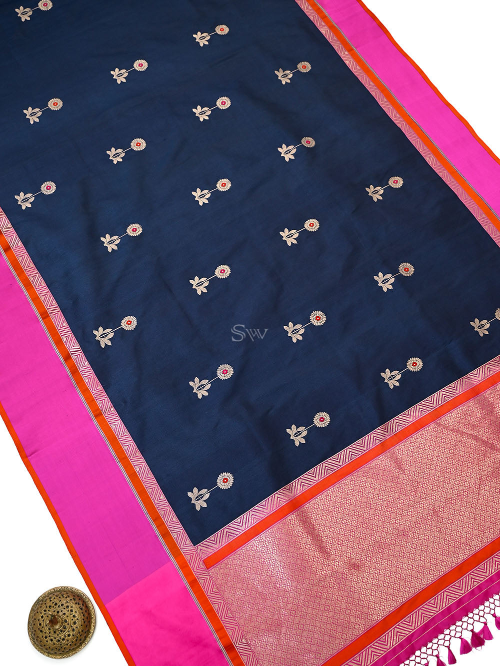 Blue Booti Tussar Silk Handloom Banarasi Saree - Sacred Weaves