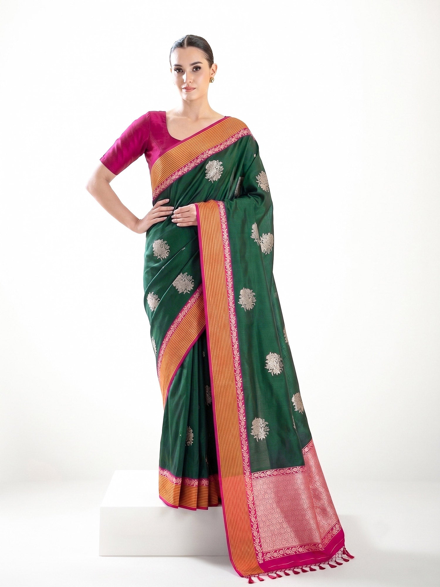 Bottle Green Booti Tussar Silk Handloom Banarasi Saree - Sacred Weaves