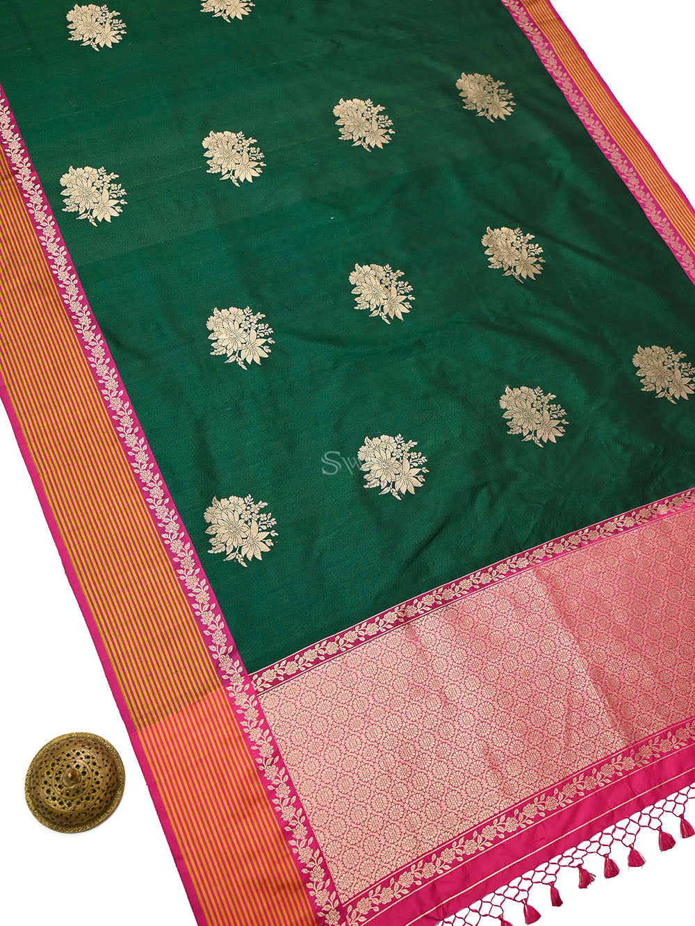 Bottle Green Booti Tussar Silk Handloom Banarasi Saree - Sacred Weaves