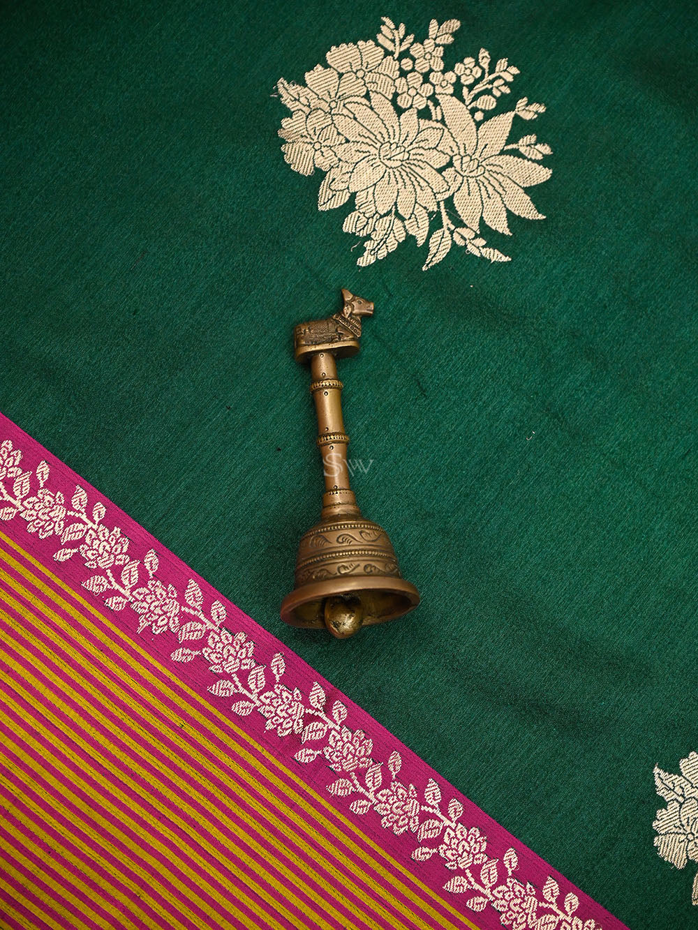 Bottle Green Booti Tussar Silk Handloom Banarasi Saree - Sacred Weaves