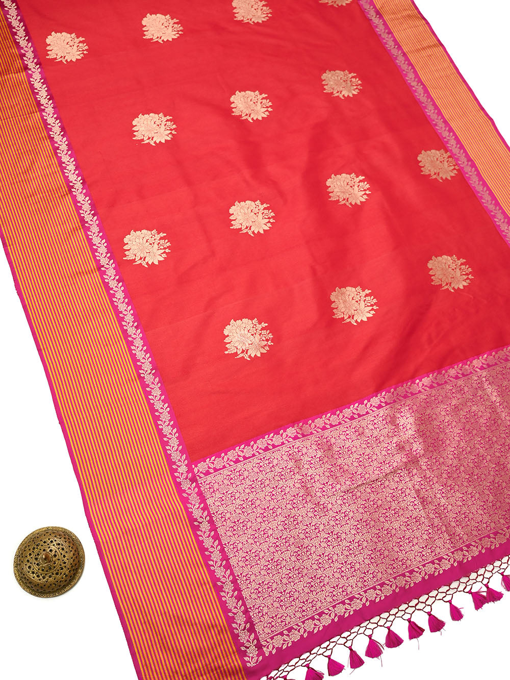 Red Booti Tussar Silk Handloom Banarasi Saree - Sacred Weaves